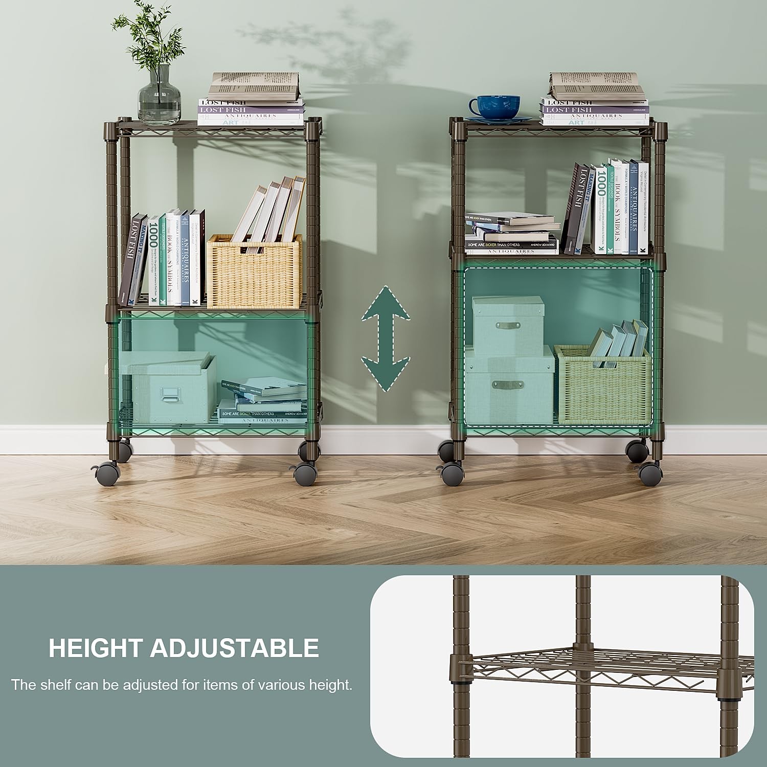 M MZG 3 Tier Shelf Metal Storage 3 tier, 11.8″ D x 17.7″ W x 29.8″ H, Brown