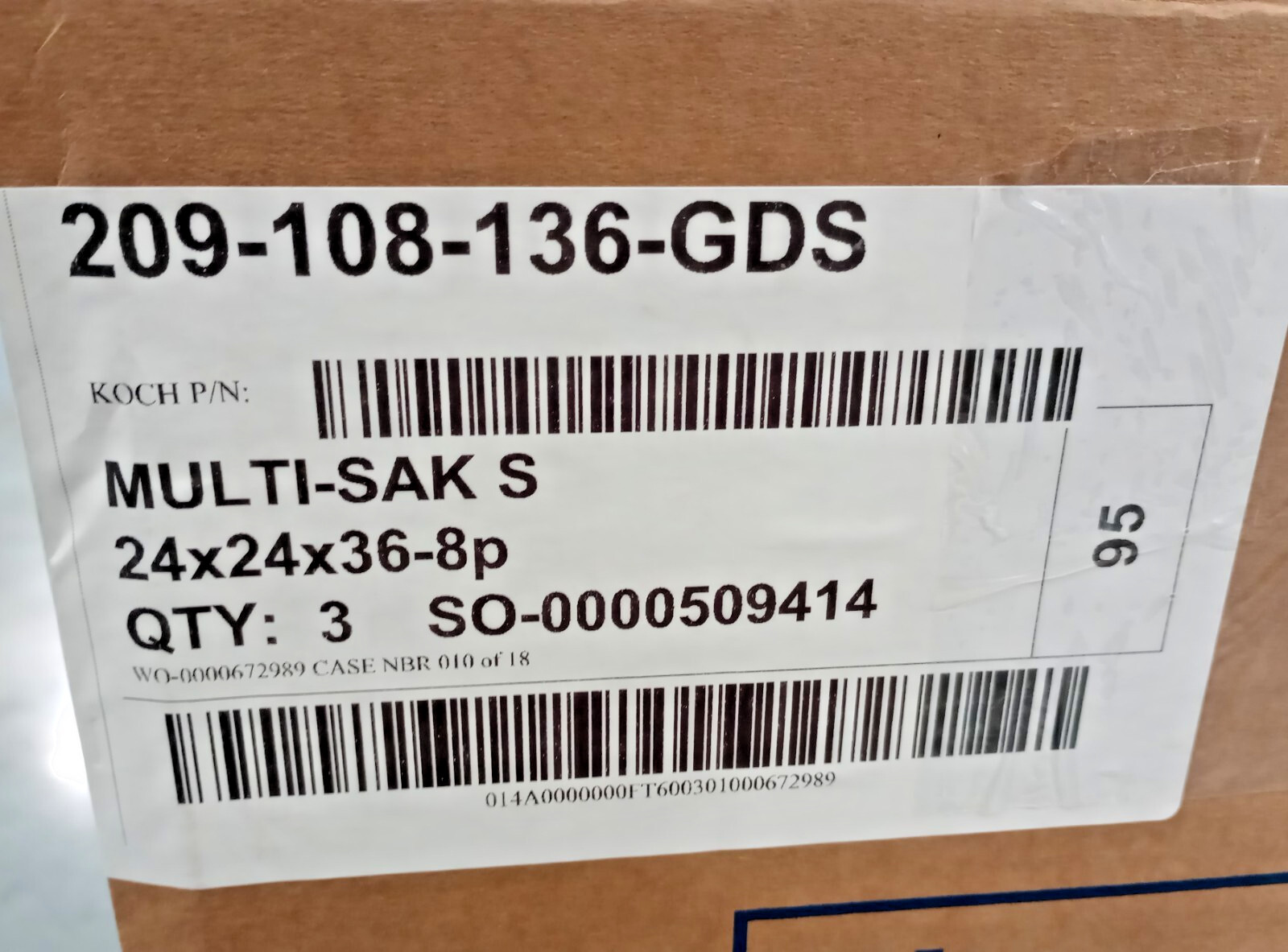 Koch 209-108-136-GDS Air Filter Multi-SAK Series-S (Box of 3 filters) 24x24x36