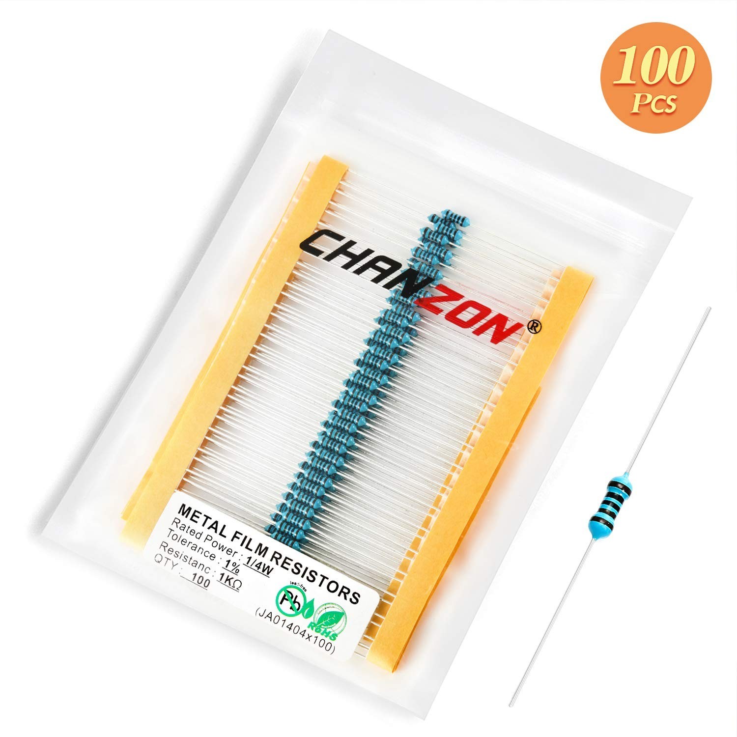 100pcs 1K 1000 Ω ohm Resistor 1/4W 0.25W Metal Film Fixed Resistor 0.01 ±1% T…