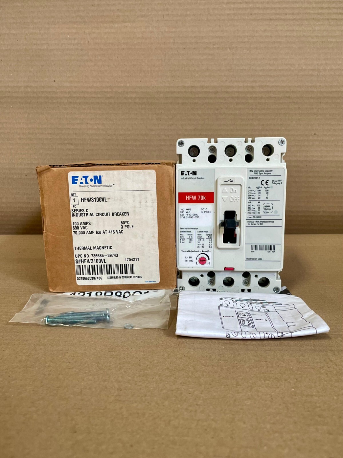 Eaton HFW3100VL Series C Industrial Circuit Breaker 100 Amps 3 Pole HFW 70k #New