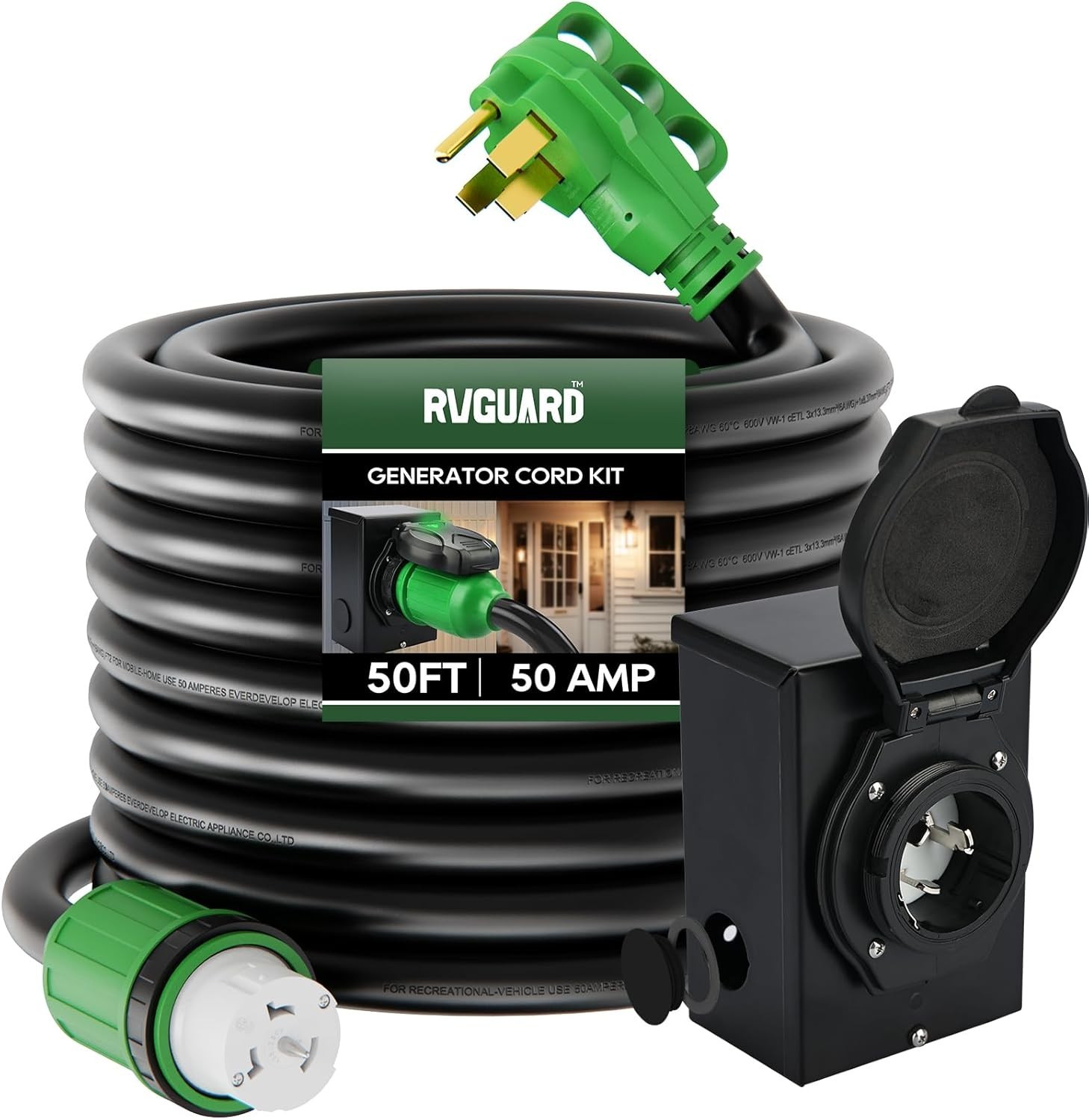 Emergency Power Combo Kit, 50 Foot 50 Amp Generator Cord and Power Inlet Box