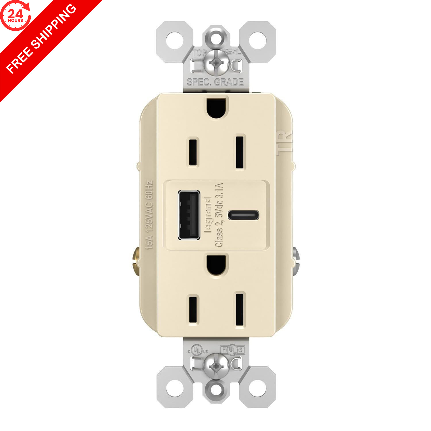 Legrand Pass & Seymour Radiant 15 Amp Wall Standard Decorator, Light Almond