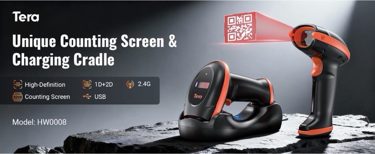 Tera Pro Series Wireless 1D 2D QR Barcode Scanner with Cradle Display HW0008