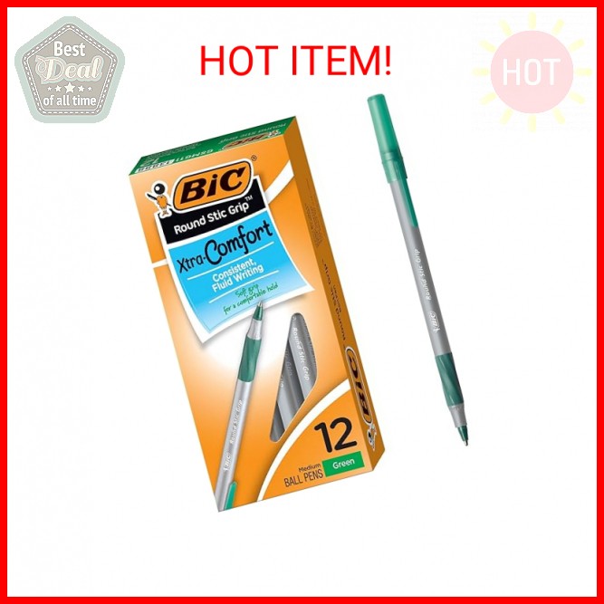 BIC Round Stic® Grip™ Xtra-Comfort Medium Ball Point Pen; Green; 12 Pack