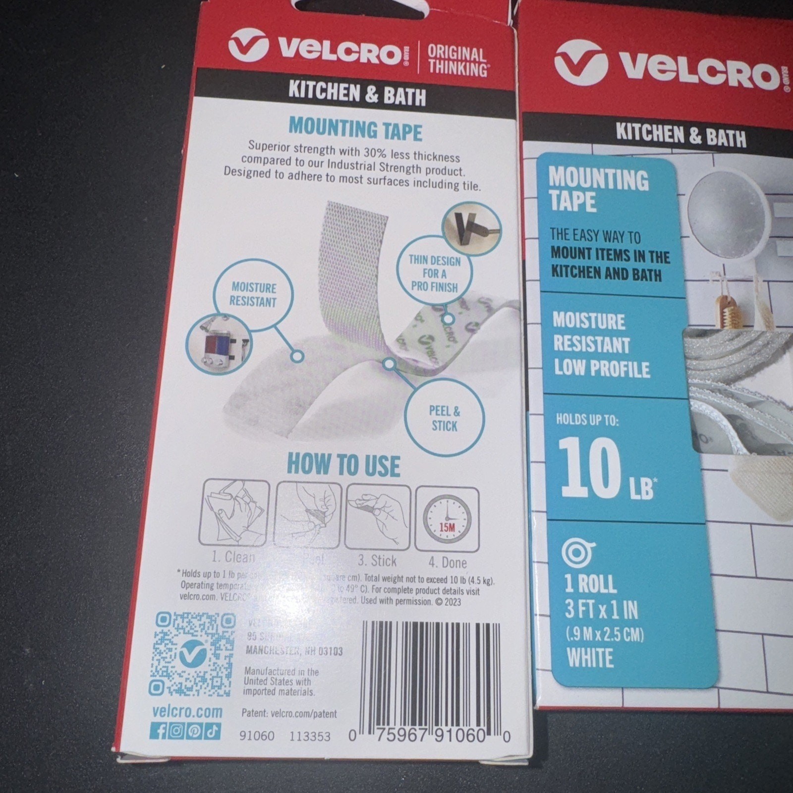 2X VELCRO Kitchen & Bath Mounting Tape Smooth Surface Up to 10 lb 3′ x 1″