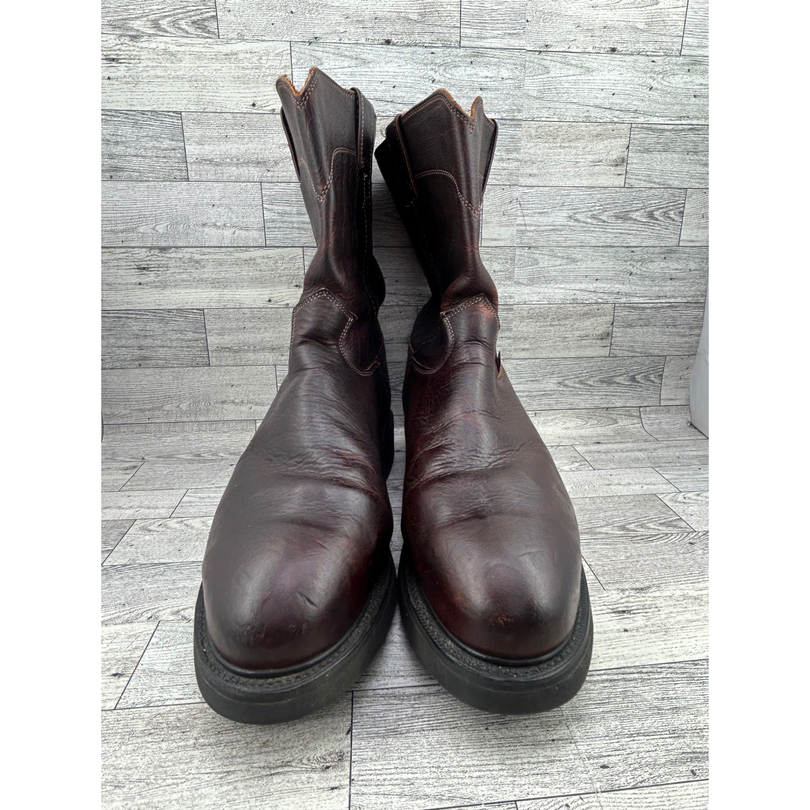 Justin Dark Brown Leather Work Boots Pull On Roper Round Toe Oil Resist Men 12D