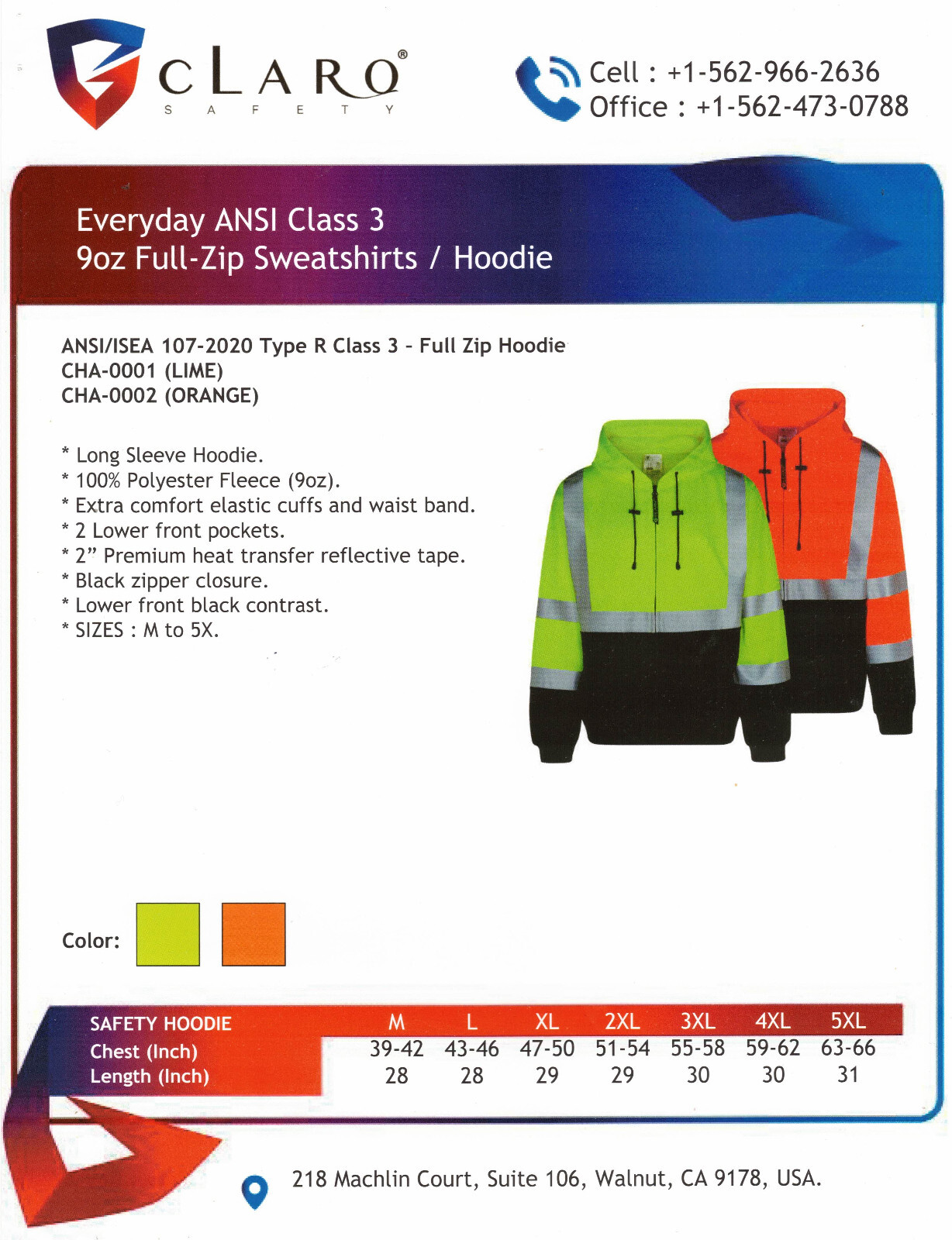 2 Pack Everyday ANSI Class 3 9oz Full-Zip Sweatshirts /Hoodie