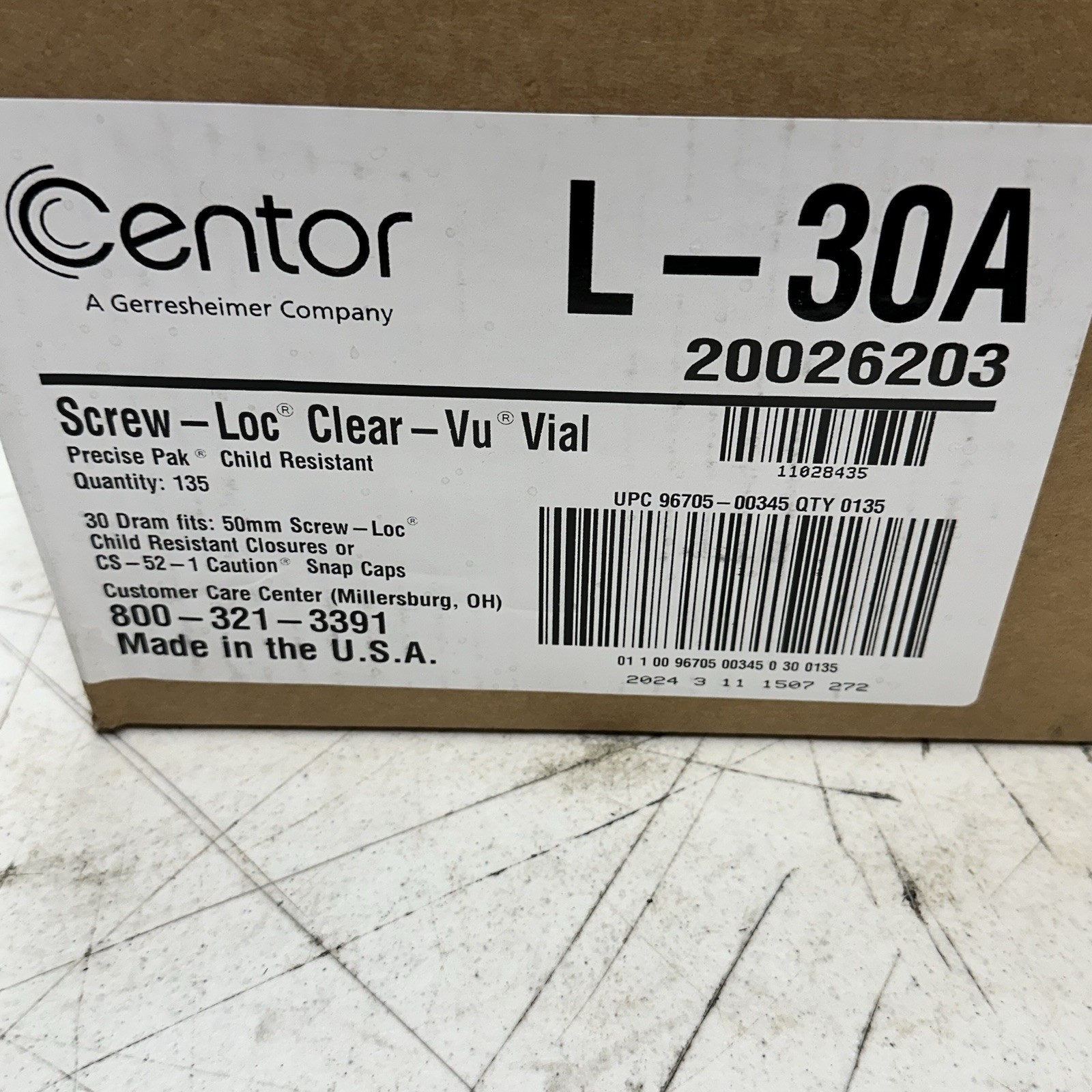CENTOR L-30A CLEAR-VU SCREW-LOC 30 DRAM VIALS, 50mm SCREW-LOC, CASE QTY 135, NIB