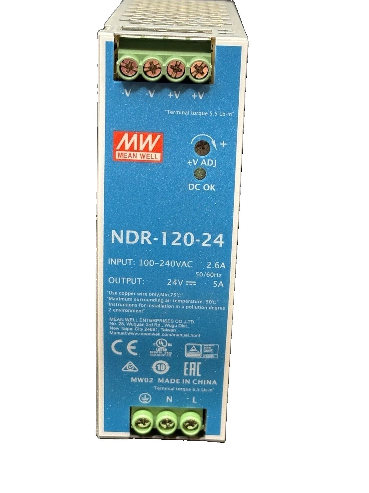 MEAN WELL NDR-120-24 24V 5A 120W DIN Rail Power Supply 100-240VAC Adj