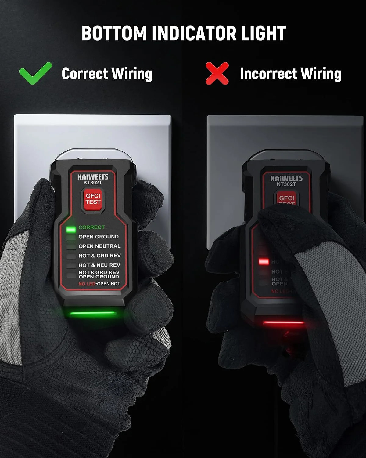 KAIWEETS KT302T Outlet Tester with GFCI Test, Dual-Sided LED Receptacle Tester D
