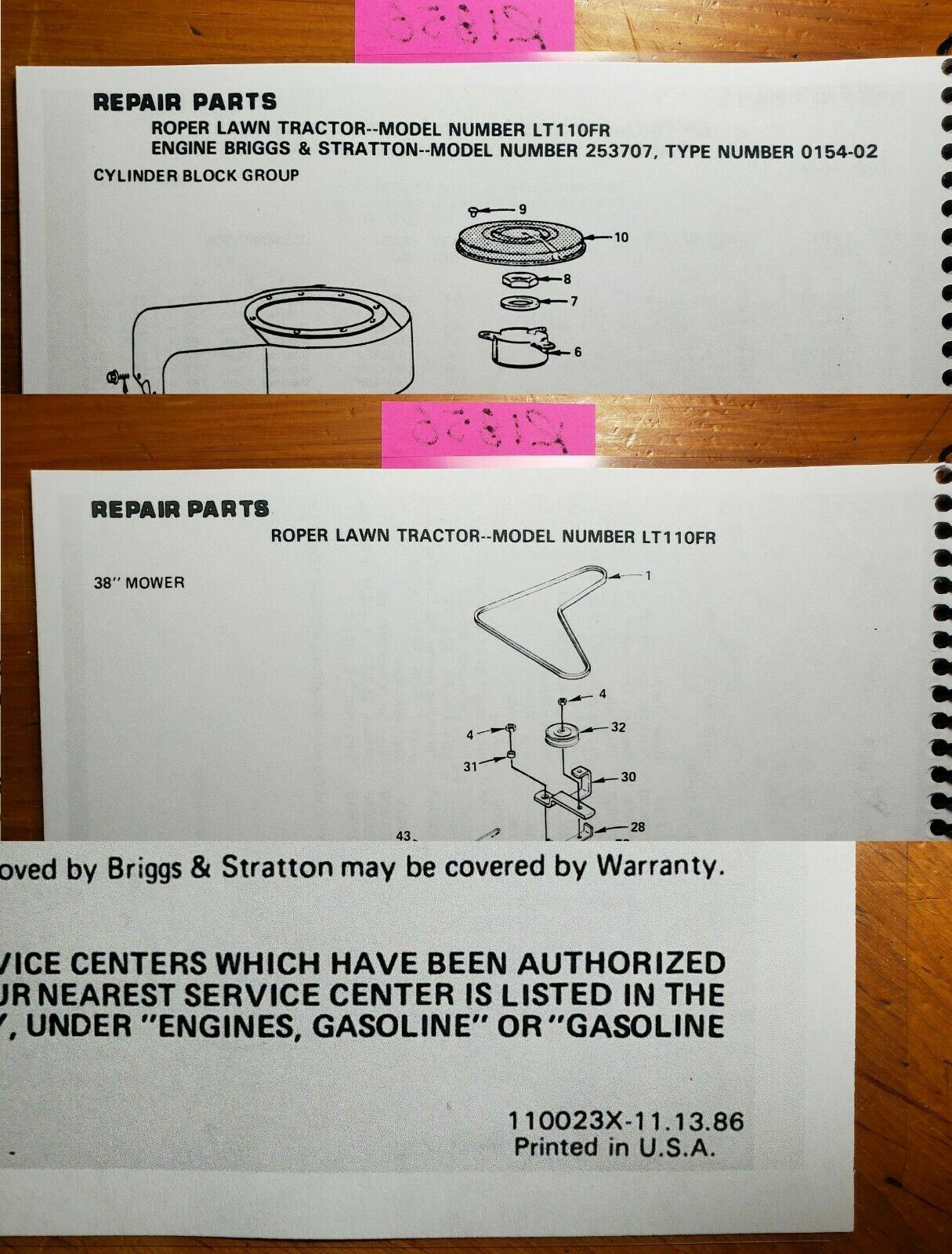 Roper LT110FR LT110 11 HP Lawn Tractor 38″ Mower Owner Operator Parts Manual ’87