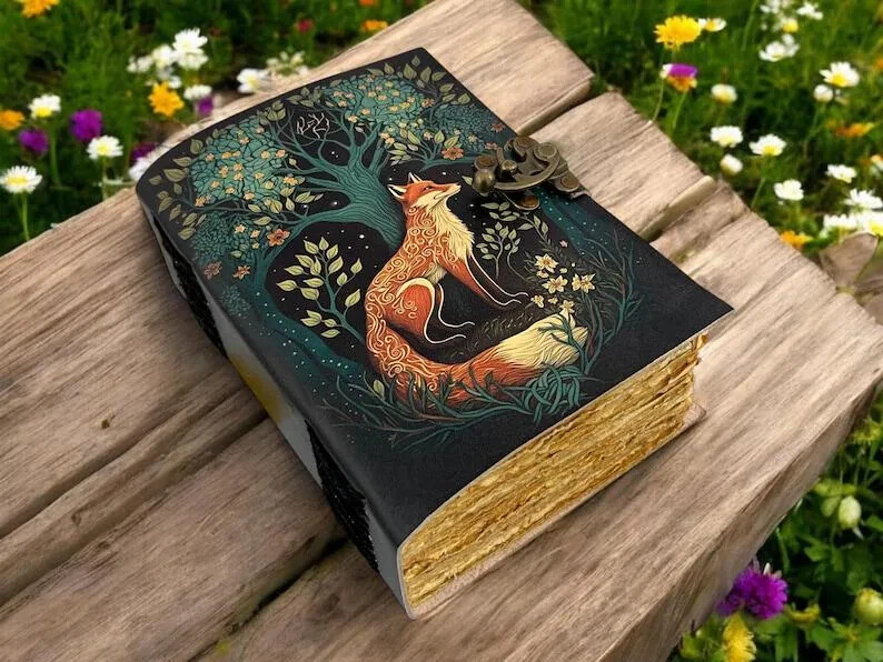 400 Pages – Grimoire Fox Leather Journal Blank Spell book of shadows Fat journal
