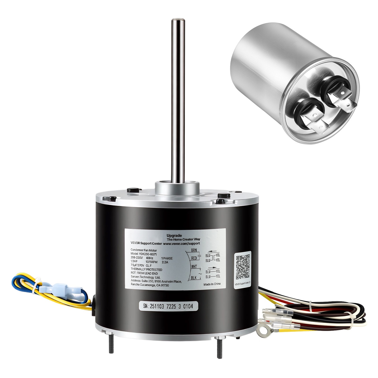 VEVOR Condenser Fan Motor with Capacitor 1/3HP 1075RPM 208-230V CW/CCW Rotation