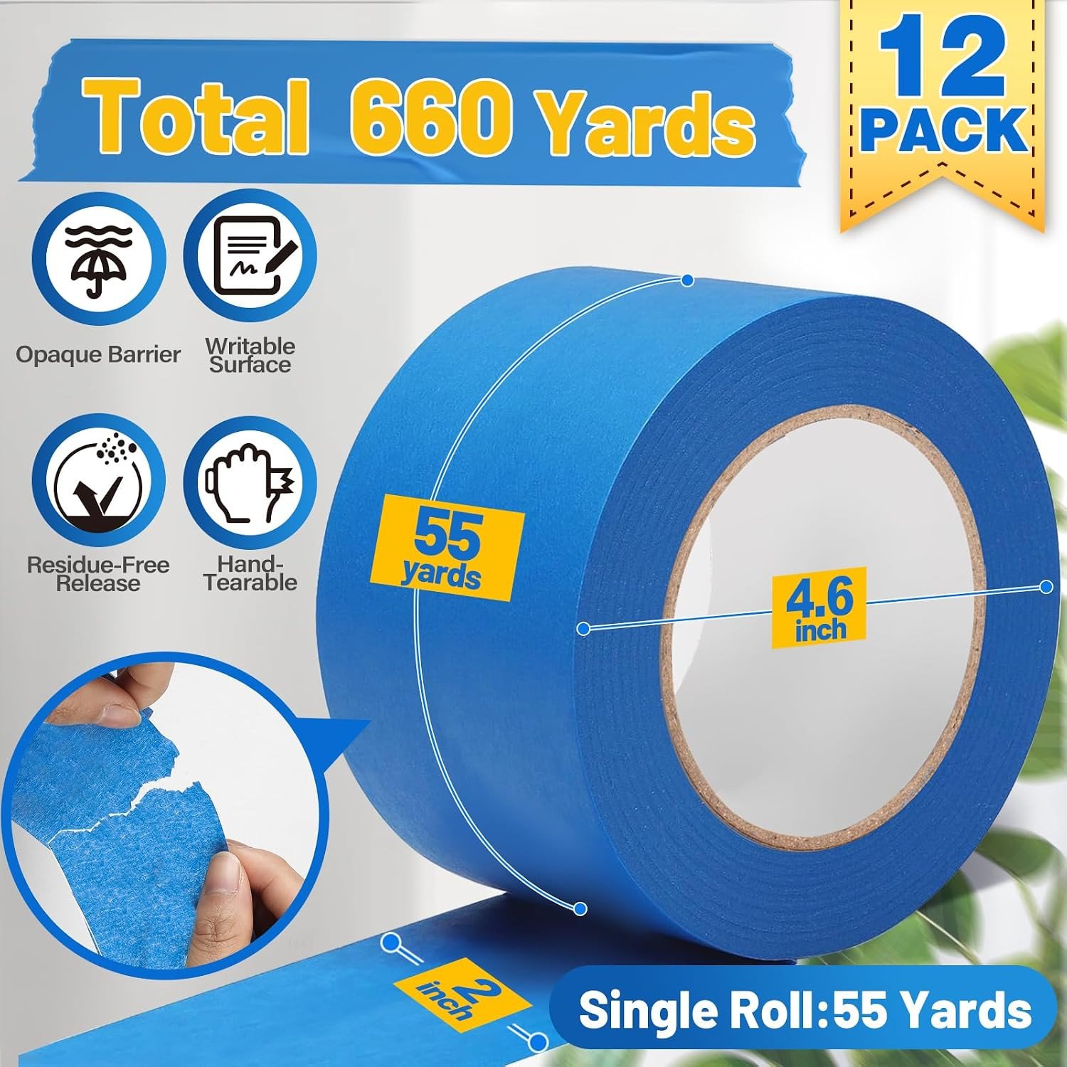 Painters Tape 2 Inch Wide, Blue Masking Tape 12 Rolls(2Inx55Yds) | 248℉ UV Resis