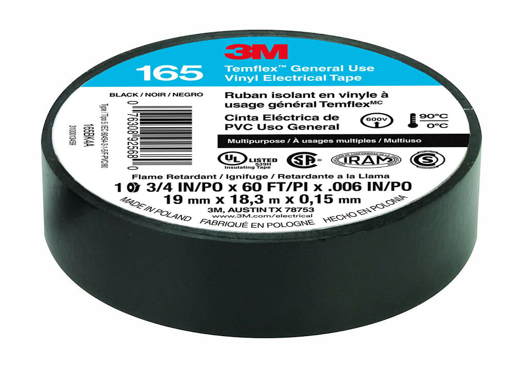 100 ROLLS – 3M ELECTRICAL TAPE UL, BLACK 3/4’’ x 60 FT GENUINE TEMELEX 165