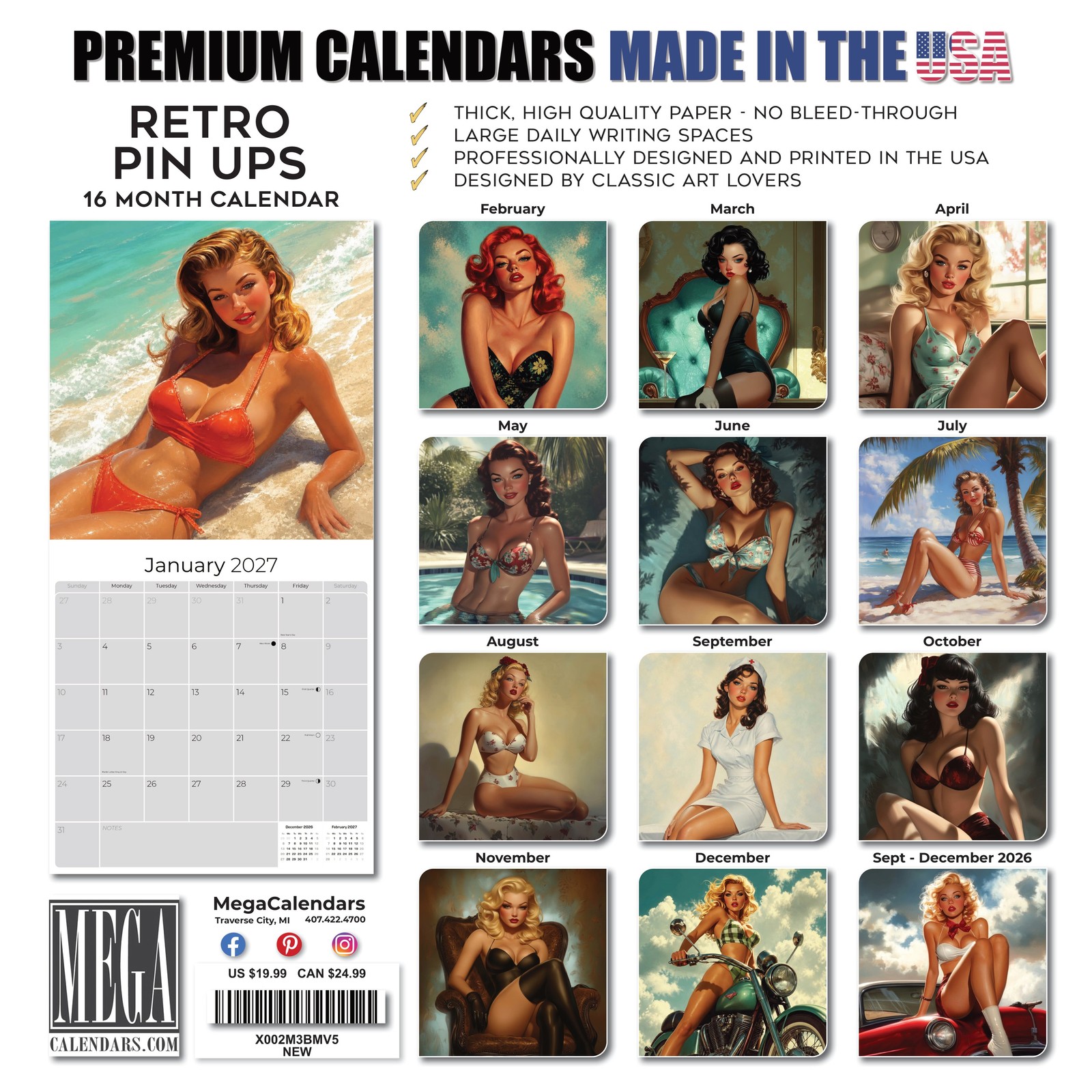 Retro Pin Ups Wall Calendar 2025 FULL SIZE 12×24 Made in USA