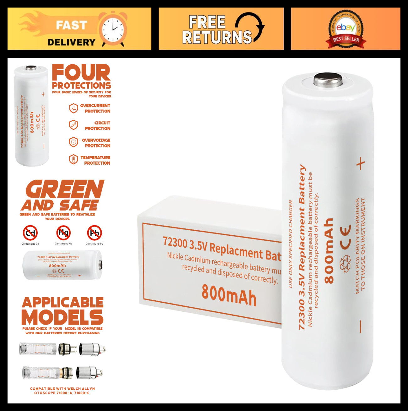 3.5V 800mAh Ni-Cd Battery for Otoscope | 20% Longer Runtime, UL CE RoHS, Leak-Pr