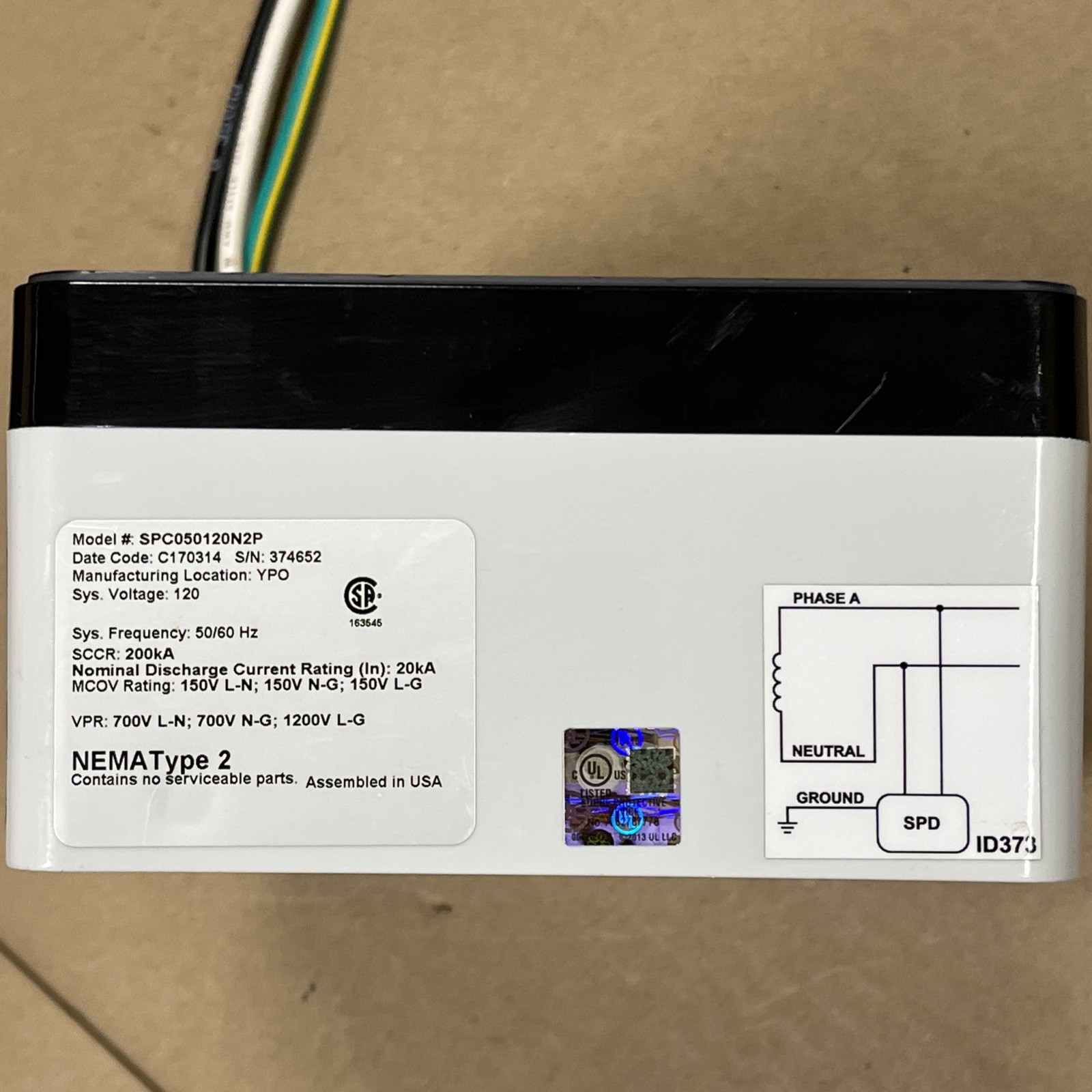 EATON CORPORATION SPC050120N2P H16 MB-1390-LG PC243G56 120v TVSS SPD 200kA