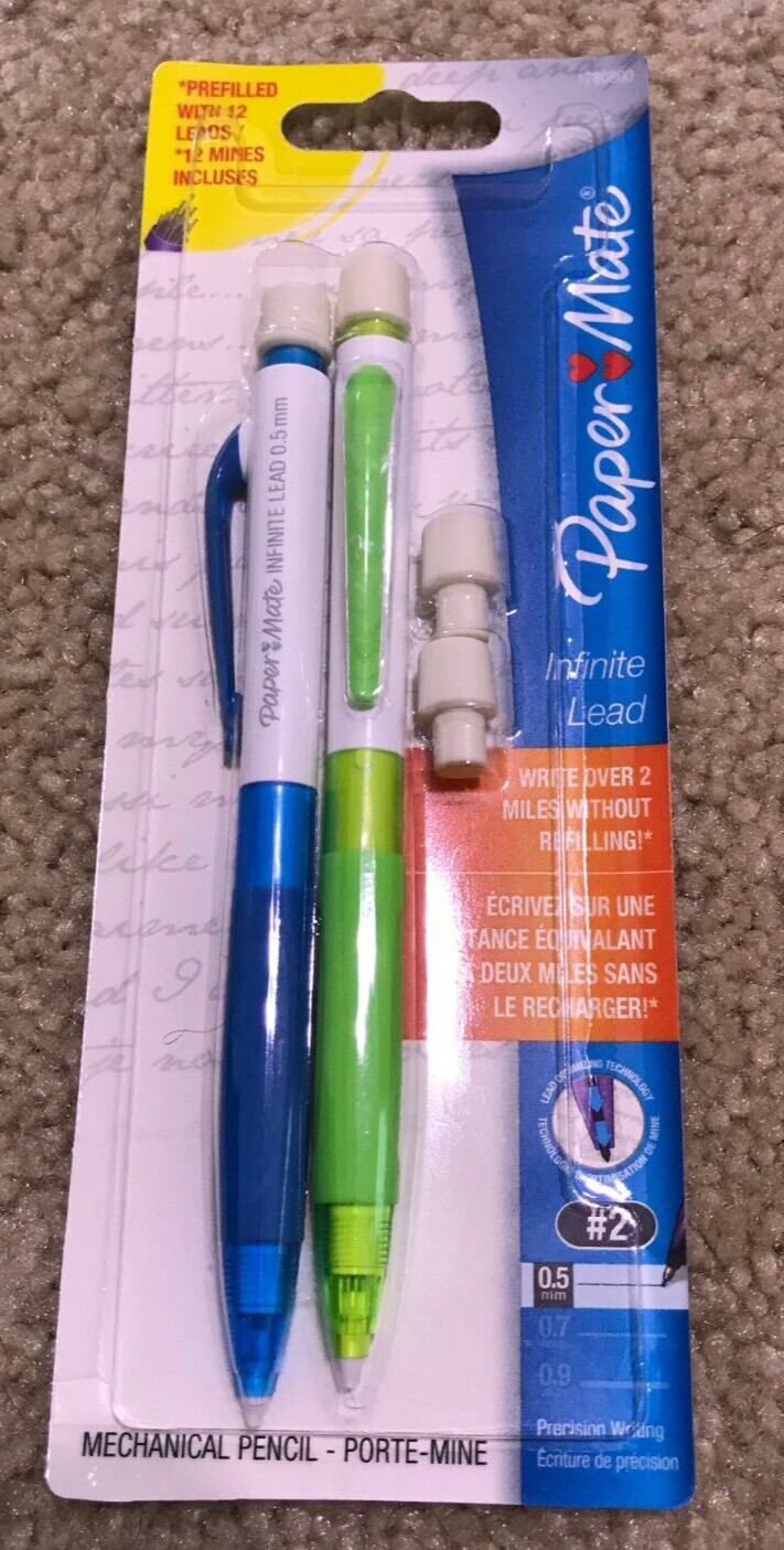 NEW Paper Mate Infinite Lead 0.5 mm Mechanical Pencils 2 Pack (Blue + Green)