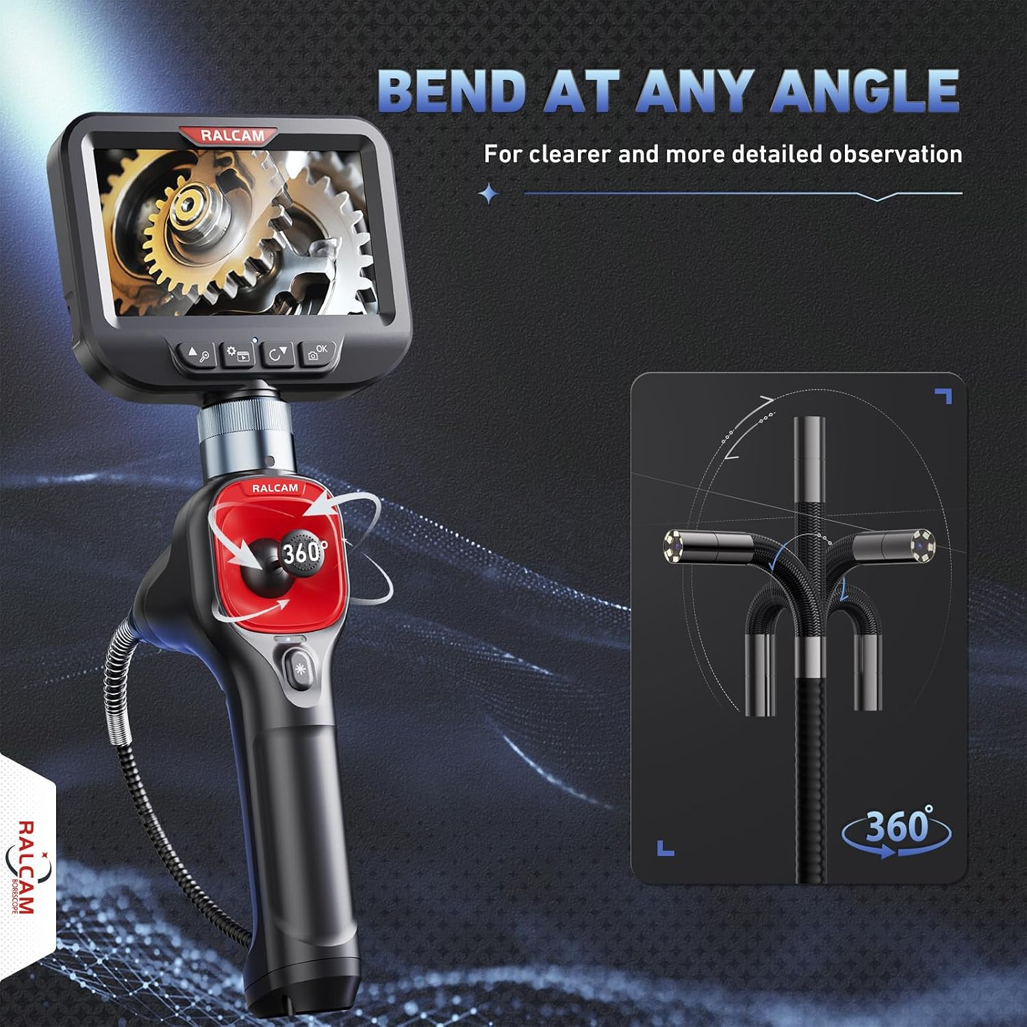 360° Articulating Borescope, 6.2Mm/0.24In Slim Probe, 4X Zoom, Joystick 4 Ways E
