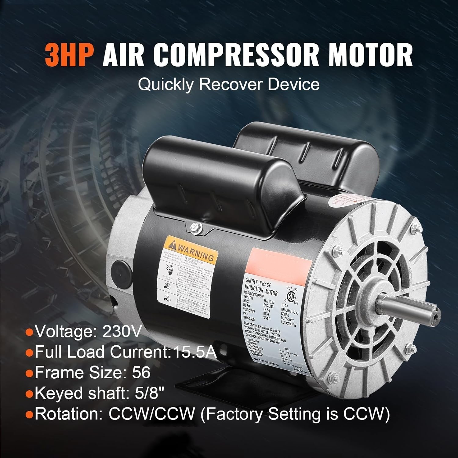 3HP Air Compressor Motor 230V 3450RPM 56 Frame Single Phase CW CCW Shaft