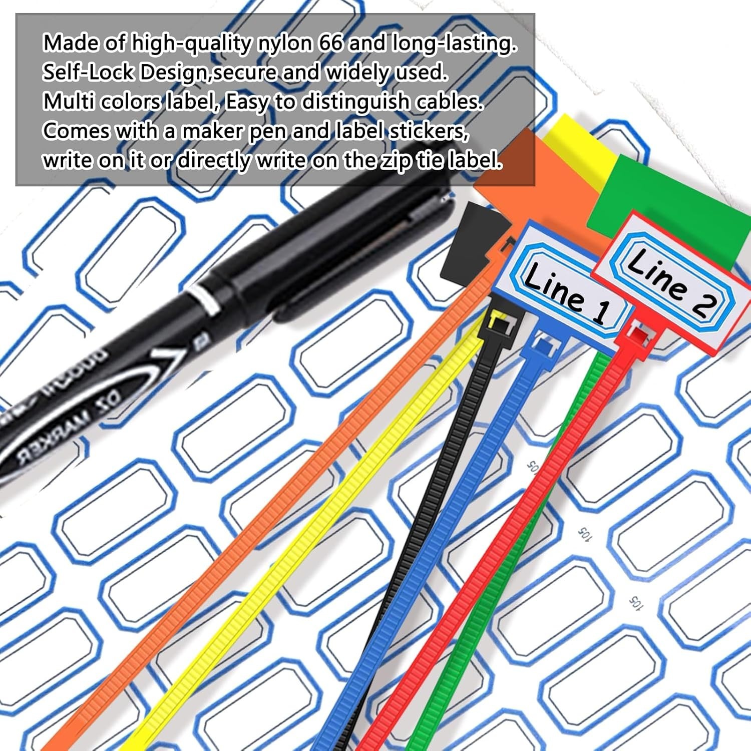 250pcs 6 inch Wire Zip Ties, Self-locking Nylon Cable Tags Labels, Multicolor