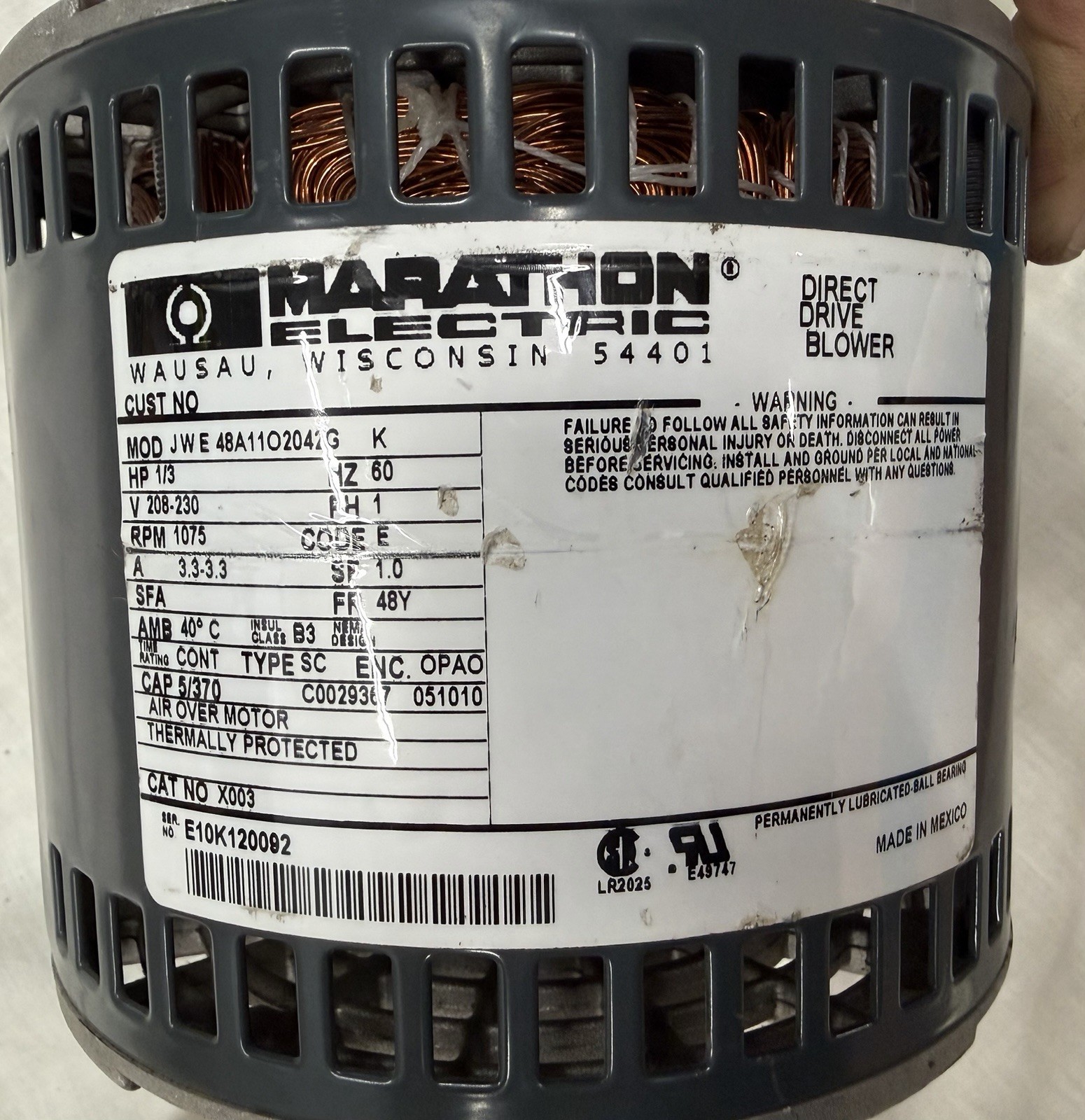 Marathon Electric Direct Drive Blower Motor 208-230V 3.3A Thermally Protected