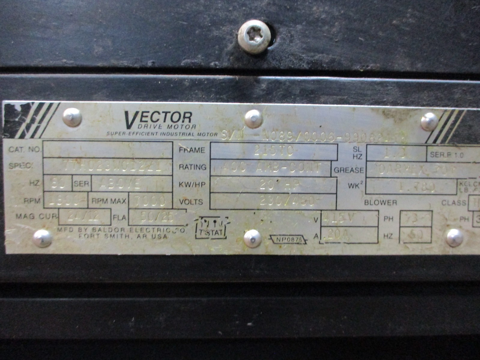 Vector 77H023W012Z1 KW/HP 20HP Super Efficient Industrial Drive Motor 53530HM