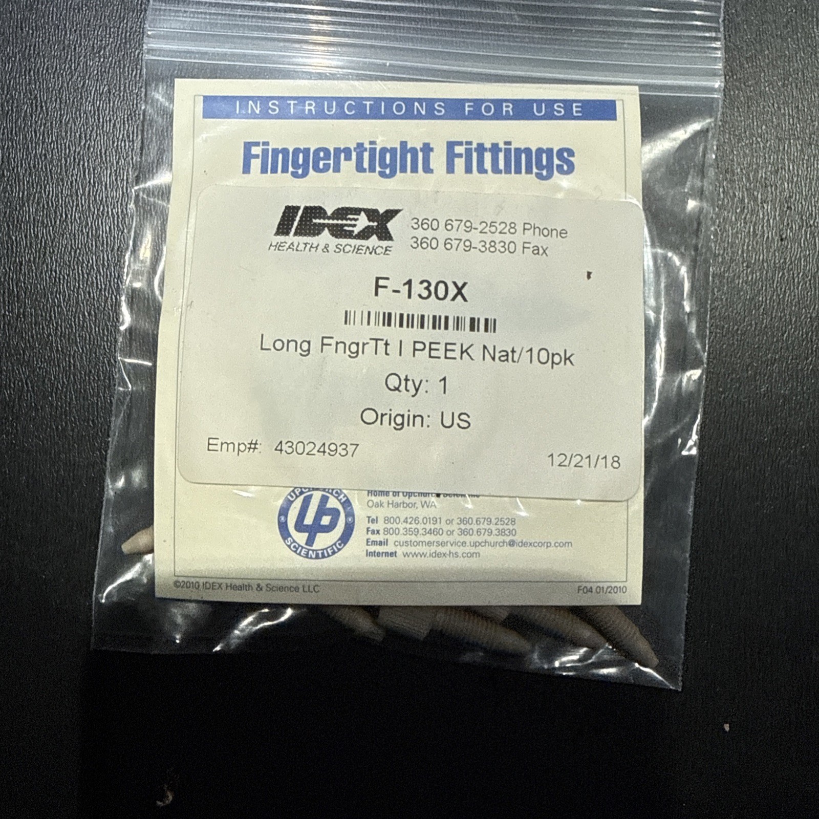 UPCHURCH SCIENTIFIC IDEX F-130X FINGERTIGHT FITTINGS, BAG OF 10, NIB