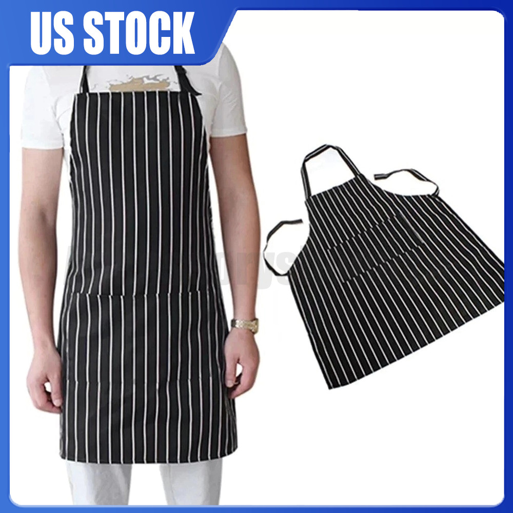 1Pc Kitchen Aprons Striped Cooking Chef Adjustable Bib Apron with 2 Pockets