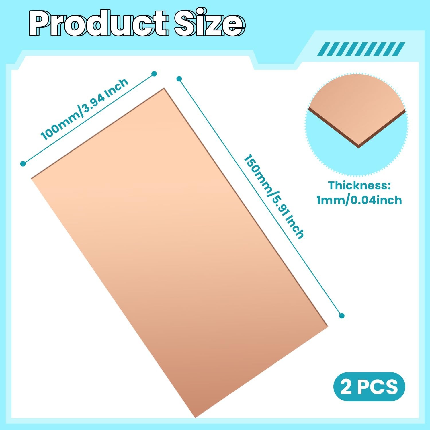 Copper Sheet, 2 Pieces of Copper Plates 4″×6″-18 Gauge(1mm) Thickness, 99%