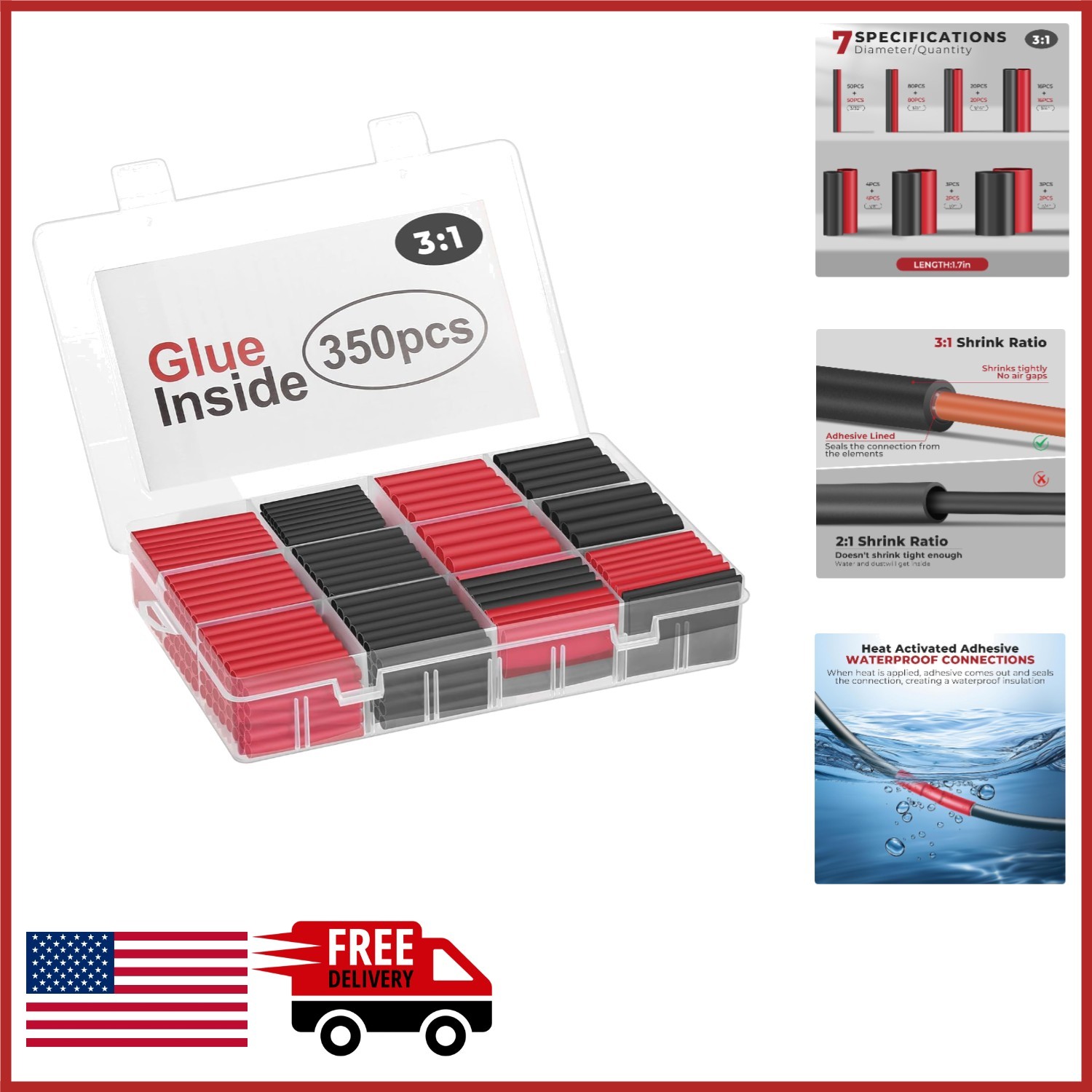 350 PCS Heat Shrink Tubing Kit 3:1 Adhesive Lined for Automotive Marine Use