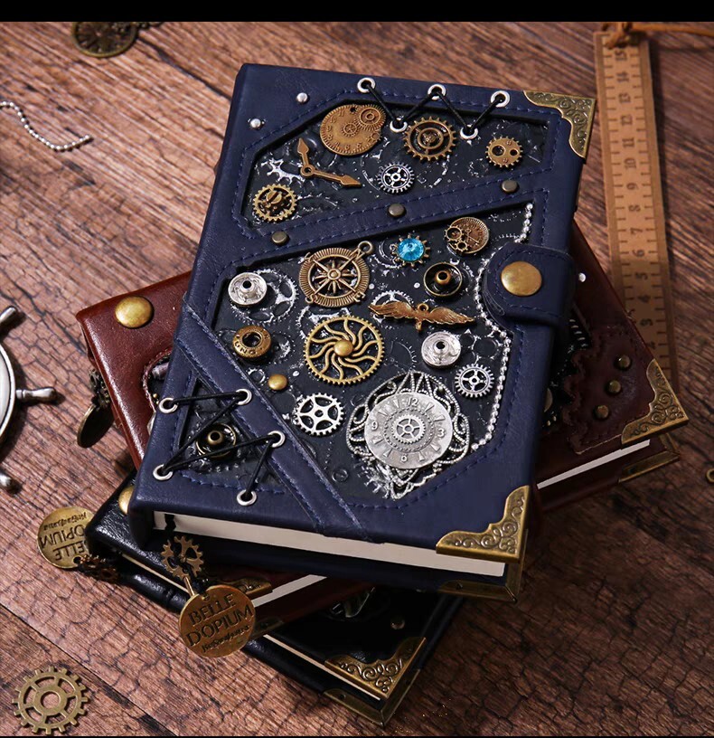 Handmade Steampunk Notebook Leather Journal with customized bookmark and stamp