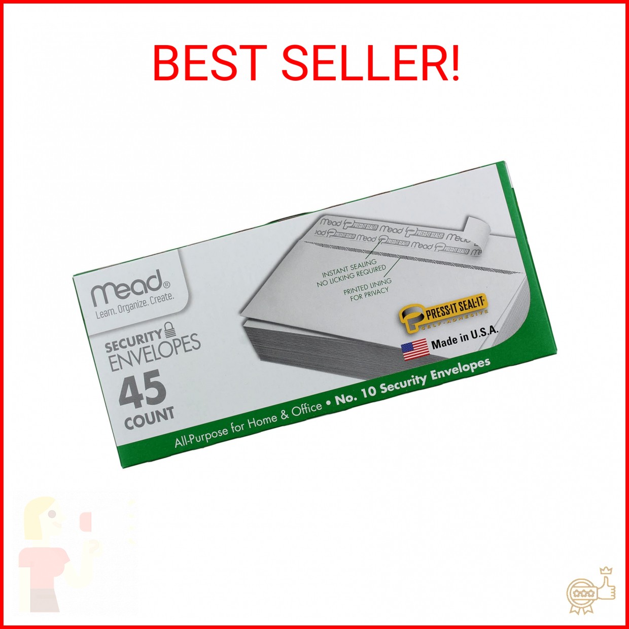 Mead Press-it Seal-it No.10 Security Envelopes, 4.125 x 9.5-Inches, White, 45 Co