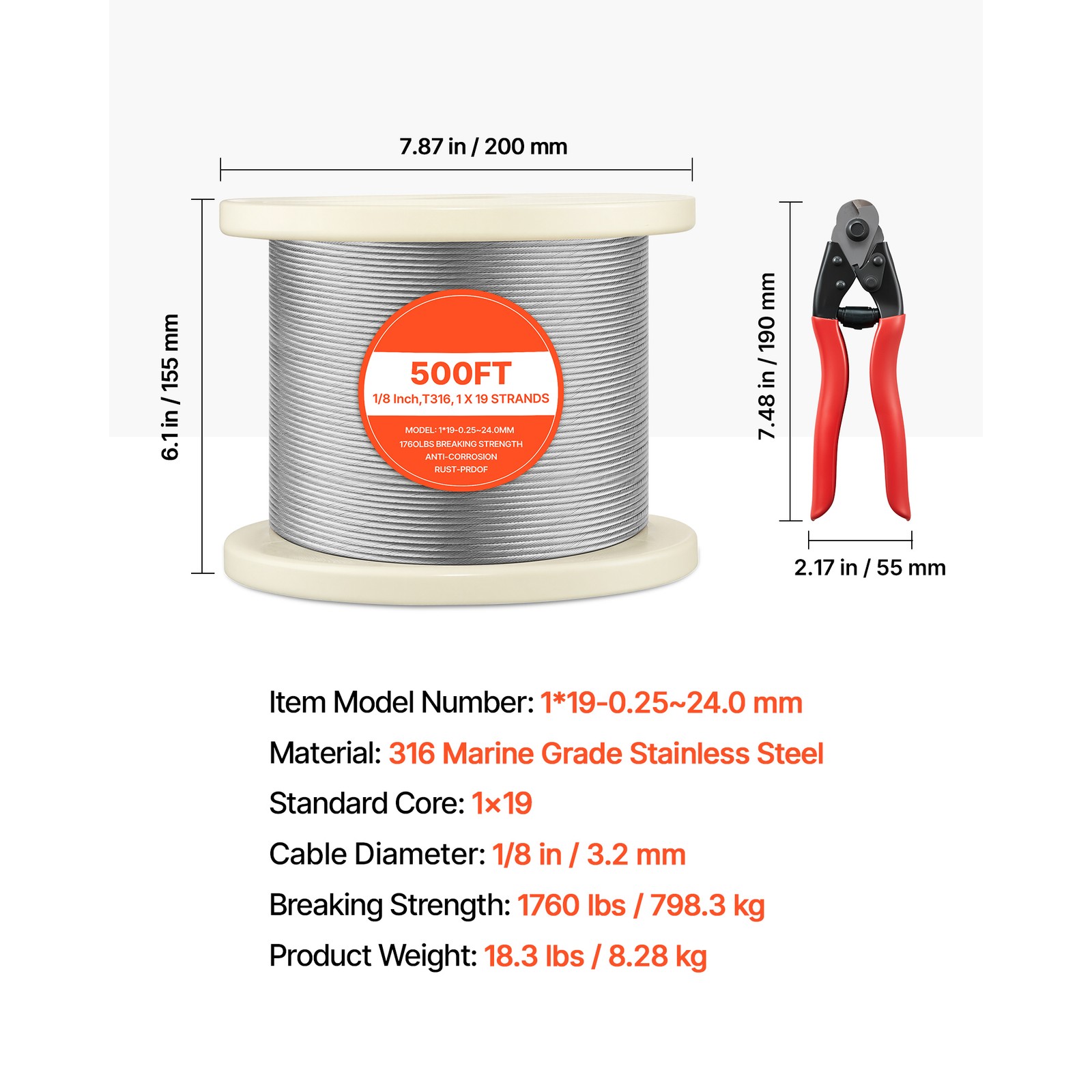 Uimoso 316 Stainless Steel 1/8 in Wire Rope, 1×19 Strand, 500 ft for Railing