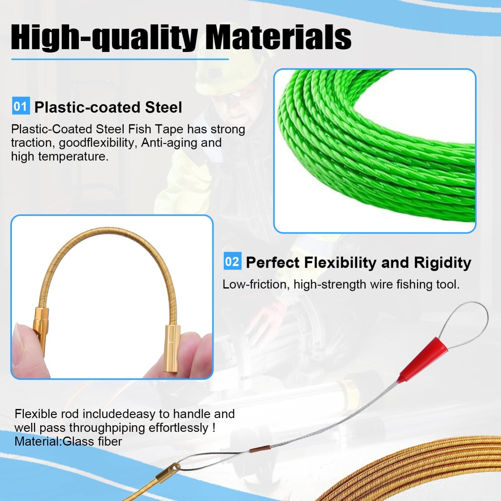 Non-Conductive Fish Tape Wire Puller 196FT with 7 Adapters | Fiberglass Electric