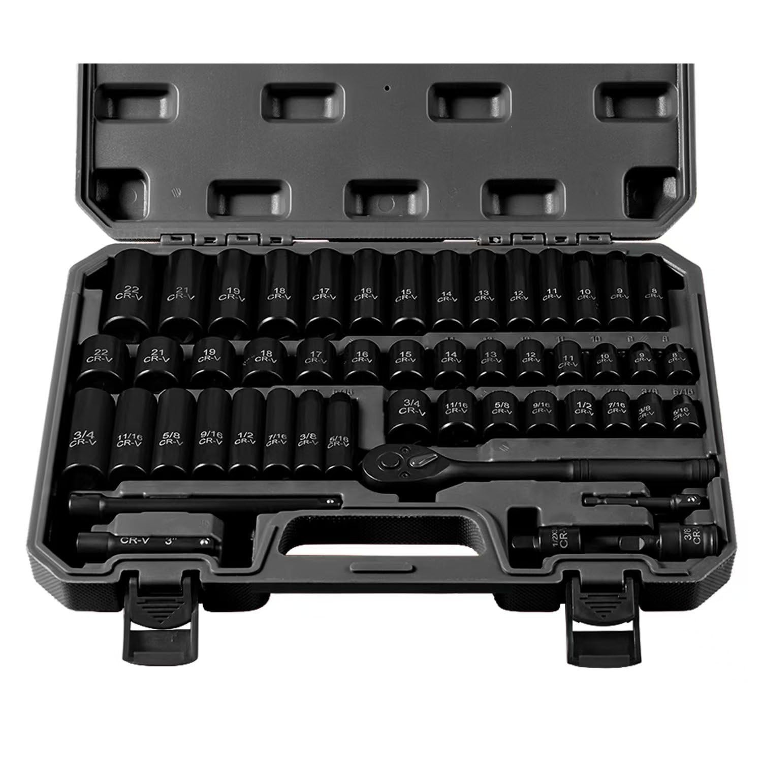 3/8″ Drive Impact Socket Set 50-Piece, SAE 50-Piece Set, Black