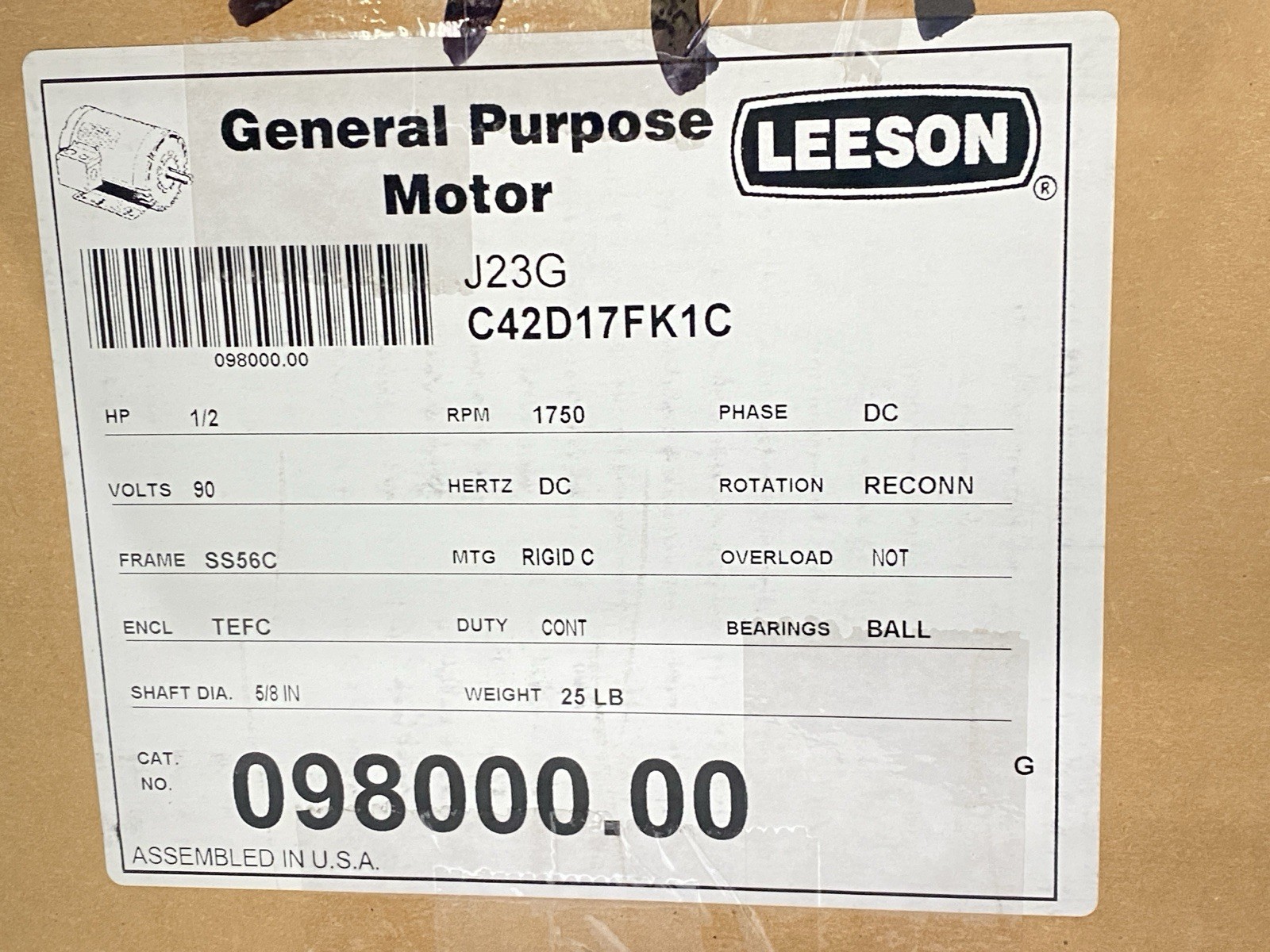 Leeson C42D17FK1C DC Electric Motor 0.50HP 1750RPM 90V 098000.00