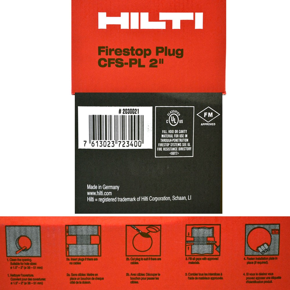 (Box of 10) NEW Hilti CFS-PL 2″ Firestop Plug 2030021 0.27 g/cm3 4.9 g/l Red 1:3