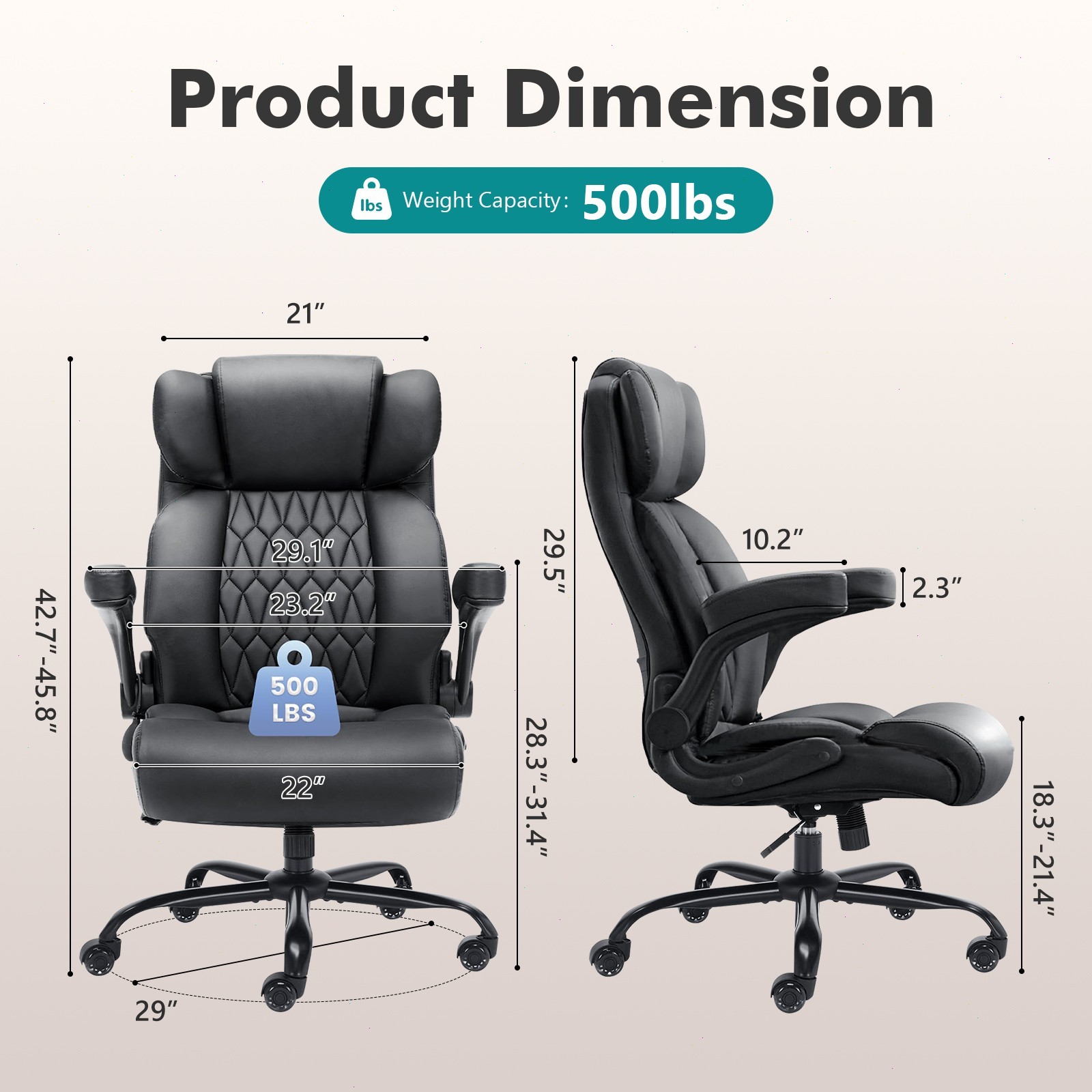 Big and Tall Office Chair 500LBS Flip Up Arms Adjustable Lumbar Support Black