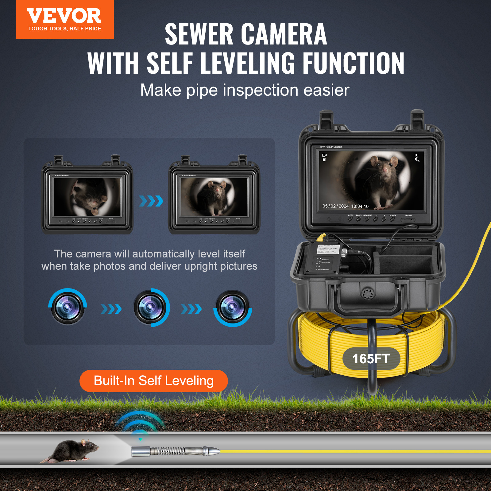 VEVOR Sewer Camera 165ft/50m Self-Leveling Drain Camera with 9″ Screen 36X Zoom