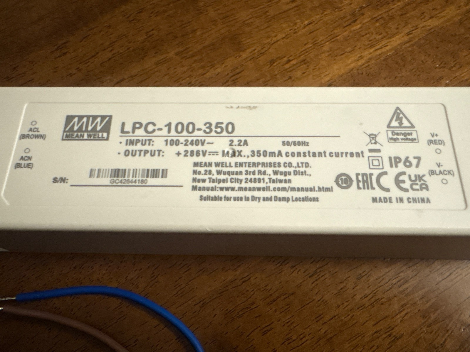 1Pc MEAN WELL LPC-100-350 286V Max 350mA constant current