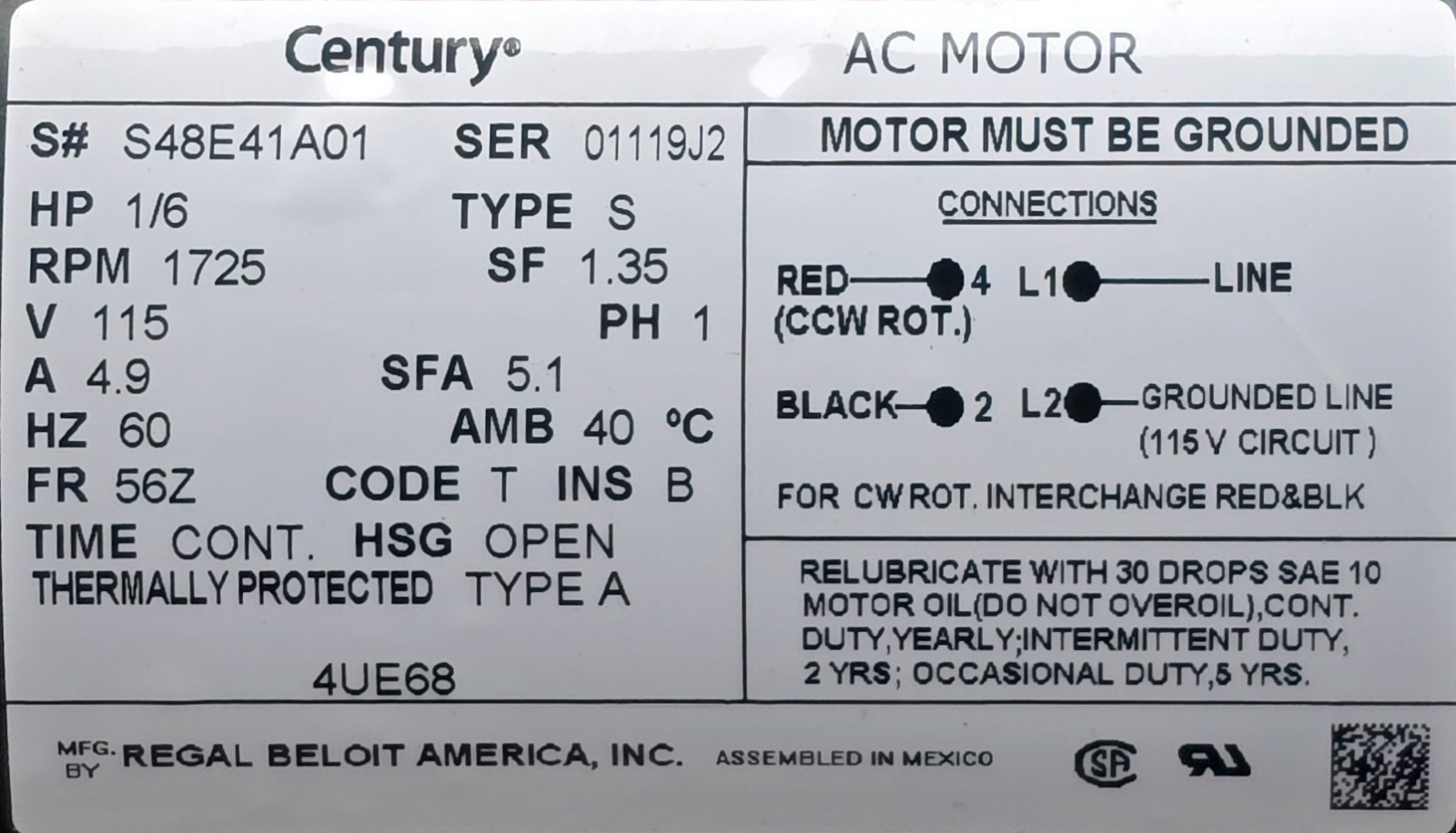 Century AC Motor 4UE68, 115VAC, 1Ph, 60Hz, 1725 RPM, 1/6 HP NEW