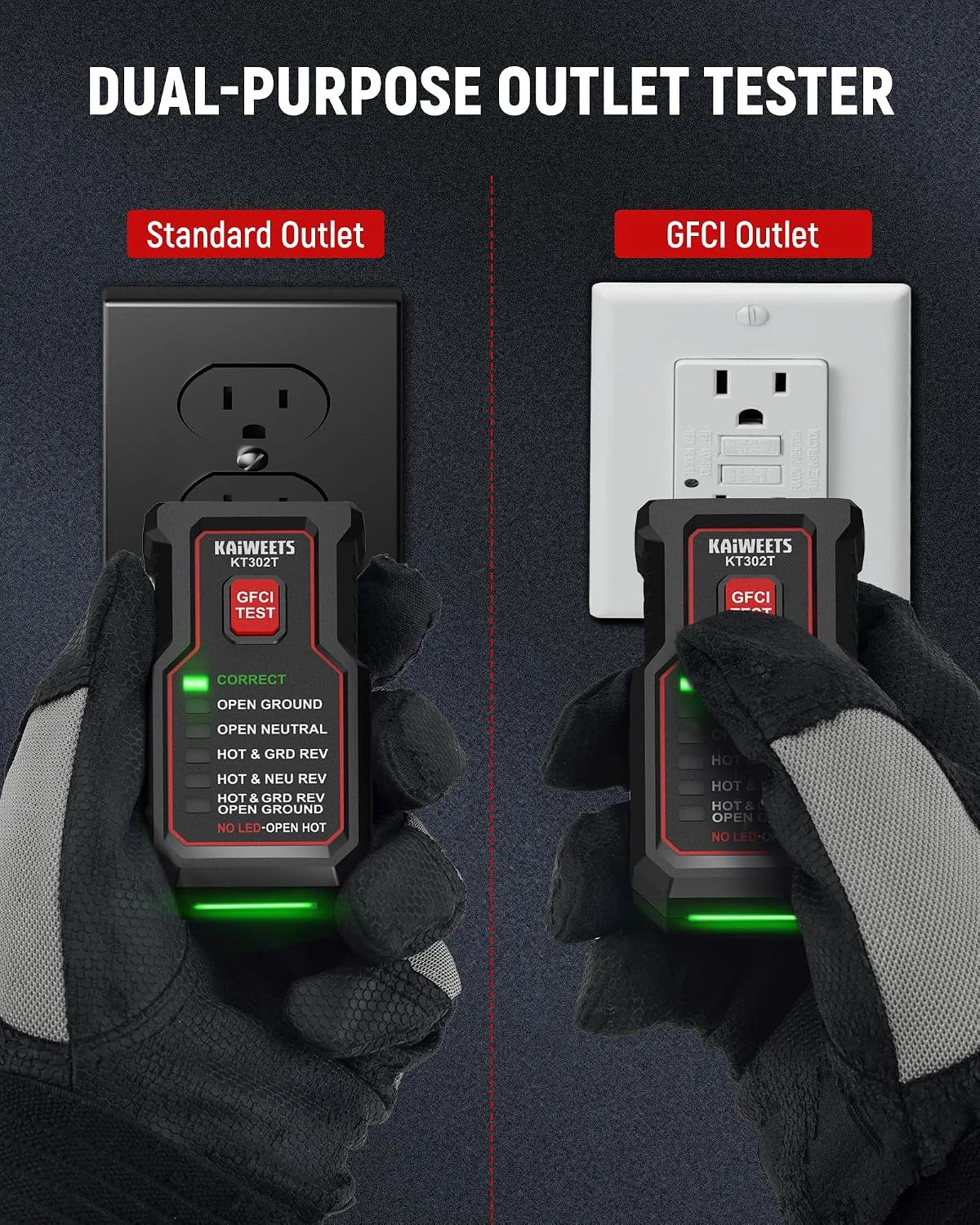 KAIWEETS KT302T Outlet Tester with GFCI Test, Dual-Sided LED Receptacle Tester D