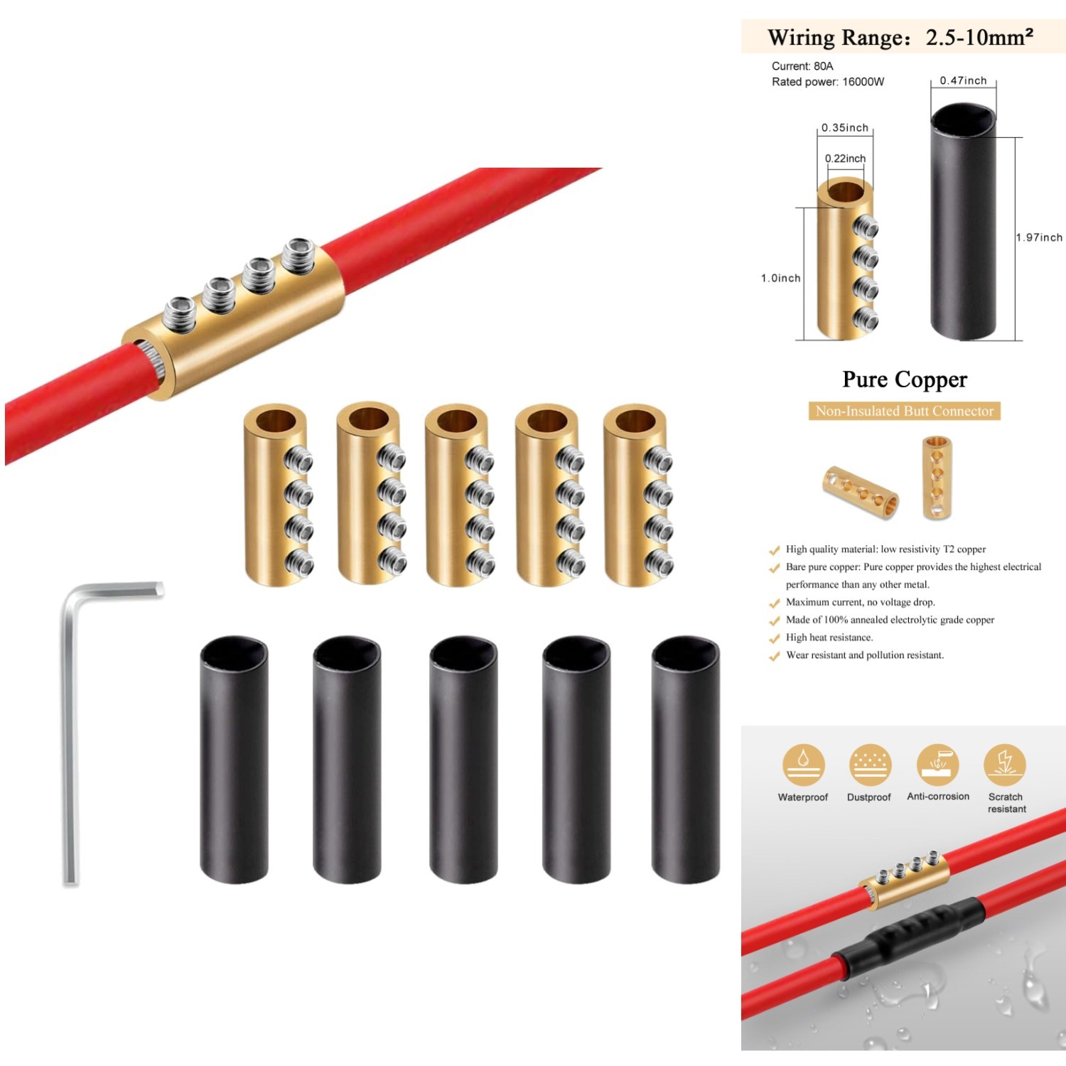 6 8 10 AWG Wire Connector Kit 80A Splicing Terminal Screw Heat Shrink Waterproof
