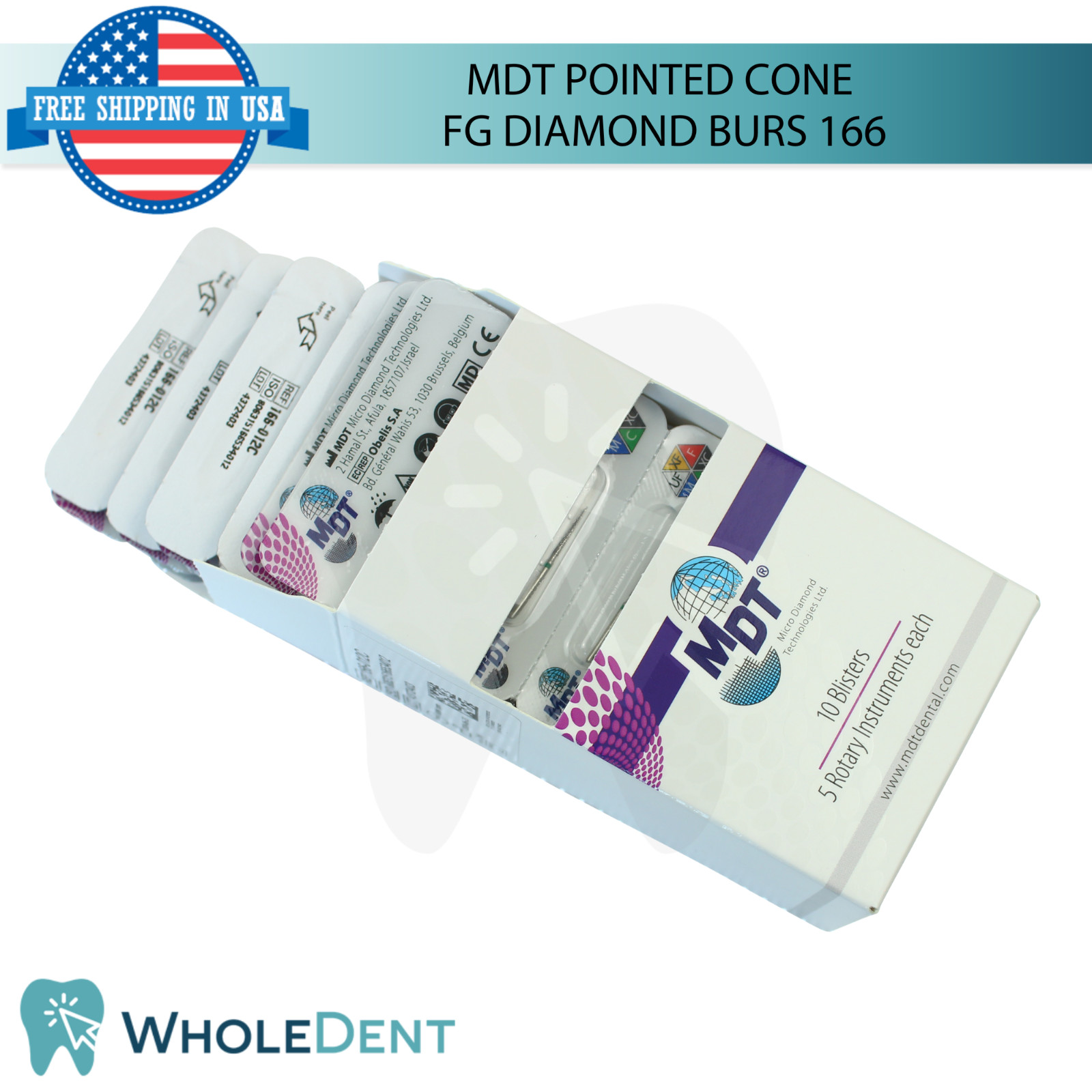 Dental MDT Pointed Cone 166 FG Diamond Burs Elongated L24.0mm Precise Finishing