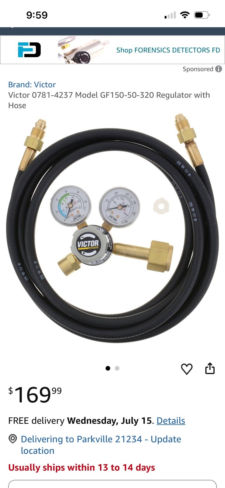 Victor CutSkill Flow Meter Regulator Argon 0781-4236 w/10’ hose mig & tig