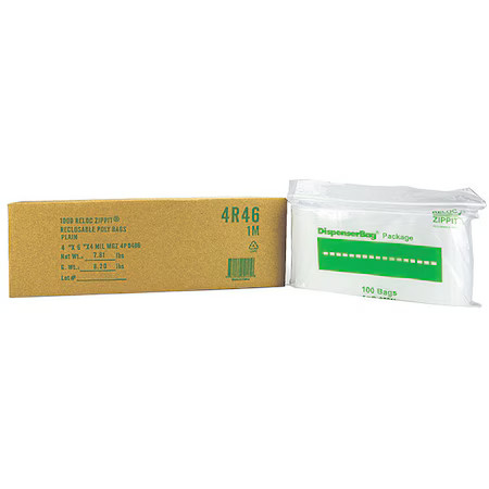 Reloc Zippit 4R46 Reclosable Bag, Zip Seal, 6 In L, 4 In W, 4 Mil Thick,