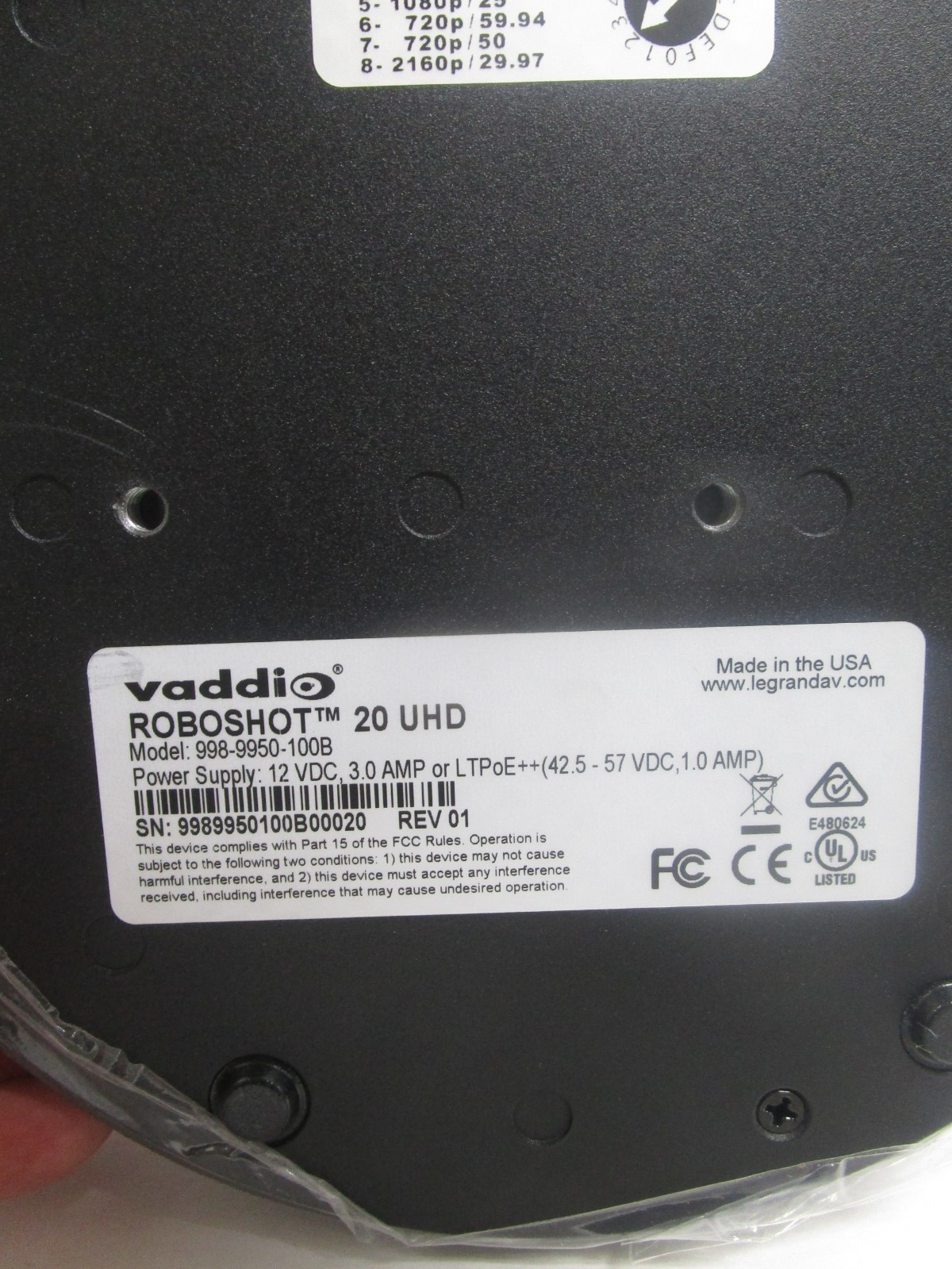 VADDIO 998-9950-100B RoboSHOT 20 Ultra HD PTZ Camera Black BRAND NEW FREE SHIP