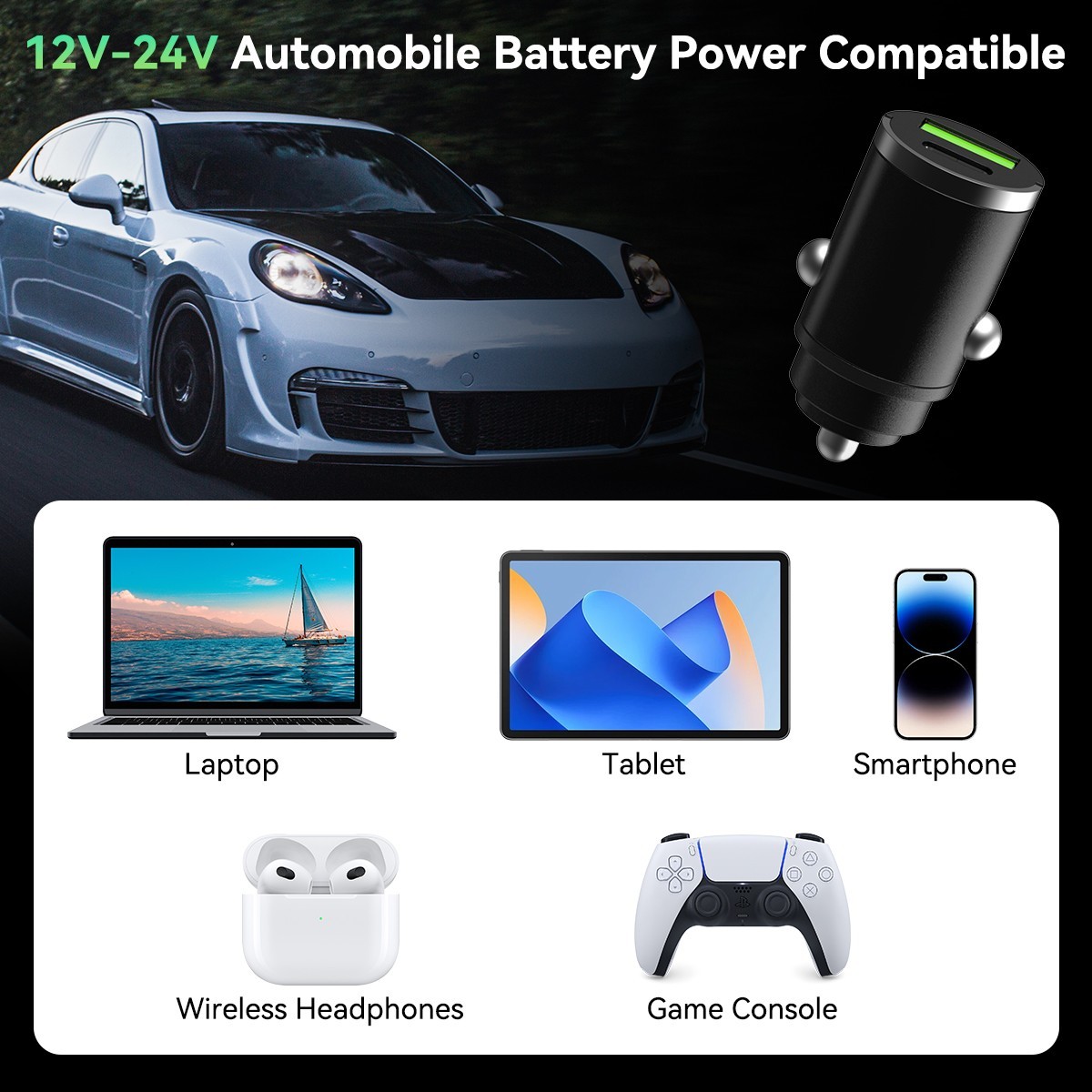 100W USB C Car Charger Fast PD & QC3.0 Dual Port Cigarette Lighter Adapter Metal